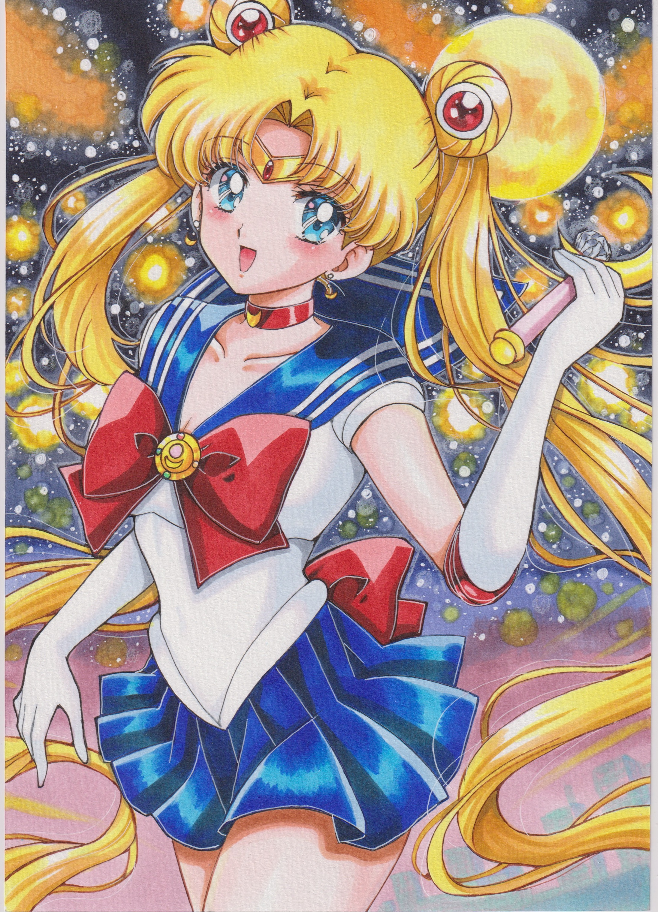 chikoto (kztc4472), sailor moon, tsukino usagi, bishoujo senshi sailor moon, absurdres, commentary, highres, 1girl, blonde hair, blue choker, blue eyes, blue sailor collar, bow, breasts, choker, circlet, collarbone, crescent, crescent earrings, double bun, earrings, elbow gloves, gloves, hair bun, hair ornament, jewelry, long hair, looking at viewer, maboroshi no ginzuishou, magical girl, medium breasts, moon, moon stick (sailor moon), red choker, sailor collar, sailor senshi uniform, skirt, smile, solo, twintails, white gloves
