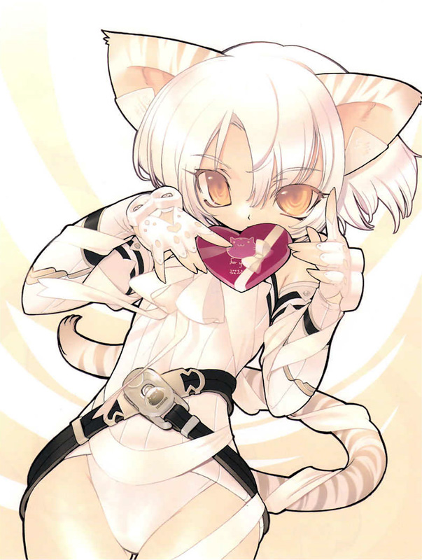 blade (galaxist), original, sepia background, 1girl, :3, animal ears, animal print, belt, belt skirt, candy, cat ears, cat tail, chocolate, chocolate heart, covering own mouth, cowboy shot, female focus, food, gift, heart, leotard, orange eyes, ribbon, short hair, solo, tail, tiger ears, tiger print, tiger tail, valentine, white hair, white theme