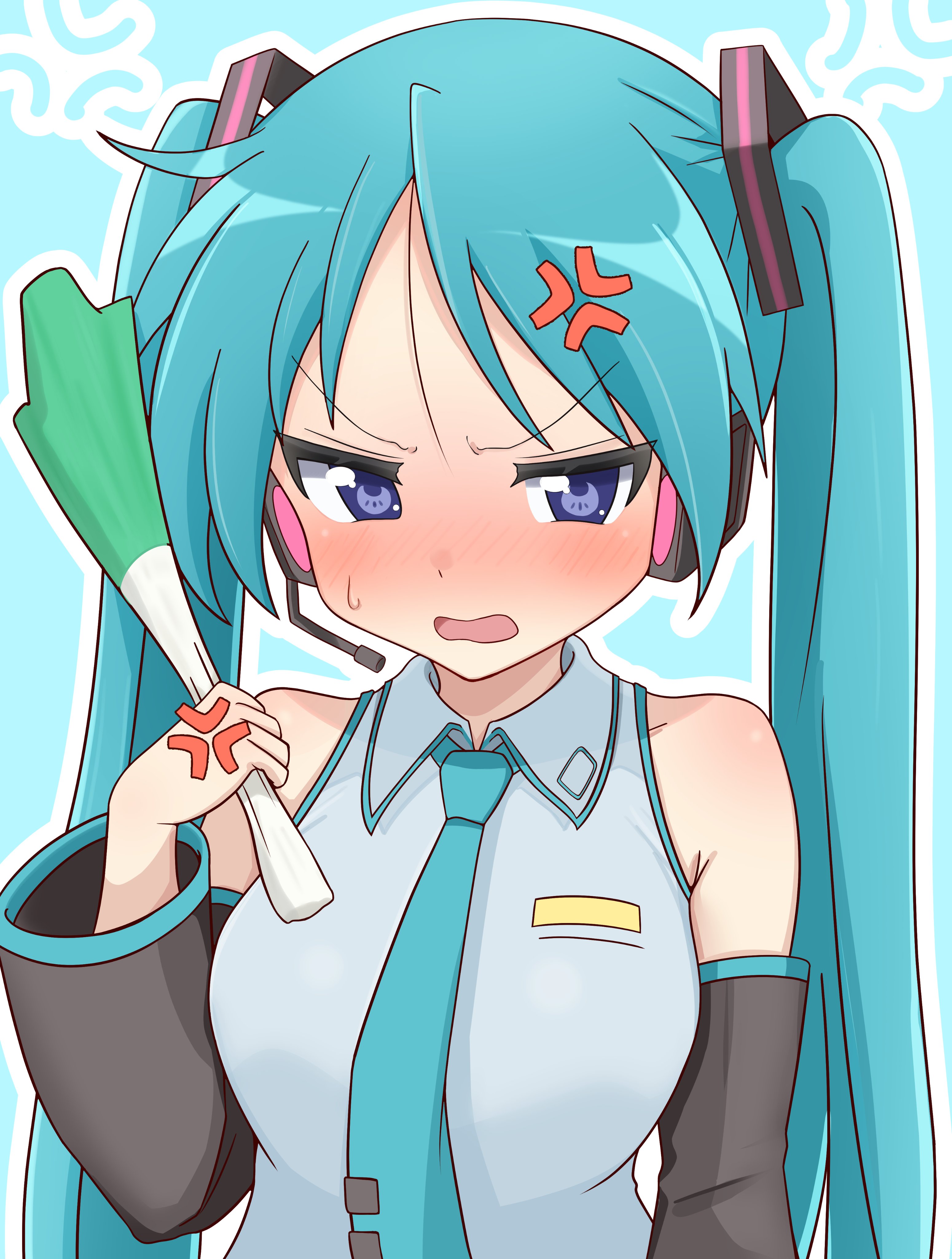 meisoochuu, hatsune miku, hiiragi kagami, lucky star, vocaloid, absurdres, highres, 1girl, anger vein, angry, aqua background, aqua hair, aqua necktie, bare shoulders, black sleeves, blush, breasts, collared shirt, cosplay, detached sleeves, embarrassed, food, grey shirt, hair ornament, hatsune miku (cosplay), headphones, headset, holding, holding food, long hair, looking at viewer, necktie, open mouth, outline, purple eyes, shirt, sleeveless, sleeveless shirt, solo, spring onion, sweatdrop, twintails, upper body, v-shaped eyebrows, very long hair, white outline
