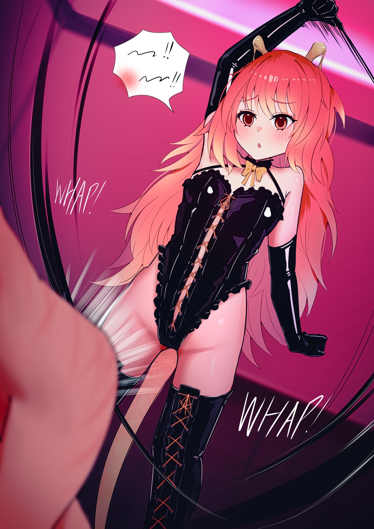 katsuten, indie virtual youtuber, original, highres, 1girl, black gloves, bondage outfit, bonnibelle amai, boots, breasts, dominatrix, elbow gloves, femdom, gloves, hair intakes, holding, holding riding crop, horns, long hair, orange eyes, orange hair, riding crop, small breasts, tail, thigh boots, very long hair, virtual youtuber, whip marks, whipping