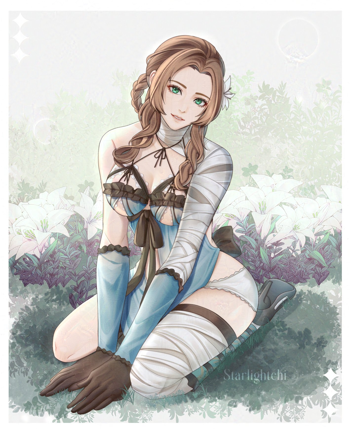 starlightchi, aerith gainsborough, aerith gainsborough (garb of the possessed), kaine (nier), final fantasy, final fantasy vii, final fantasy vii: ever crisis, highres, 1girl, artist name, bandaged arm, bandaged leg, bandaged neck, bandages, black gloves, black shoes, blue neckerchief, blue sleeves, border, braid, braided hair rings, breasts, brown hair, cleavage, cosplay, detached sleeves, flower, full body, gloves, green eyes, hair flower, hair ornament, hair rings, high heels, kaine (nier) (cosplay), kneeling, light smile, long hair, looking at viewer, medium breasts, neckerchief, official alternate costume, official alternate hairstyle, outdoors, panties, parted bangs, parted lips, shoes, sidelocks, solo, thigh strap, underboob, underwear, white border, white flower, white panties