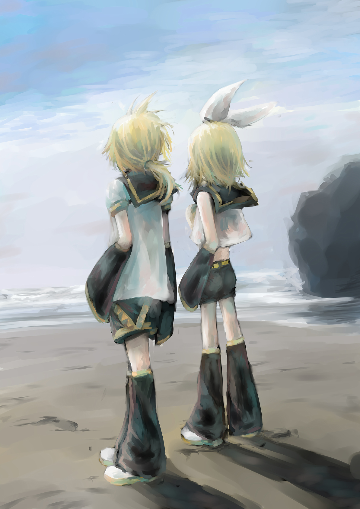 air 0, kagamine len, kagamine rin, vocaloid, bad id, bad pixiv id, highres, 1boy, 1girl, back, beach, brother and sister, day, ocean, outdoors, sand, shadow, short shorts, shorts, siblings, sketch, sky, twins