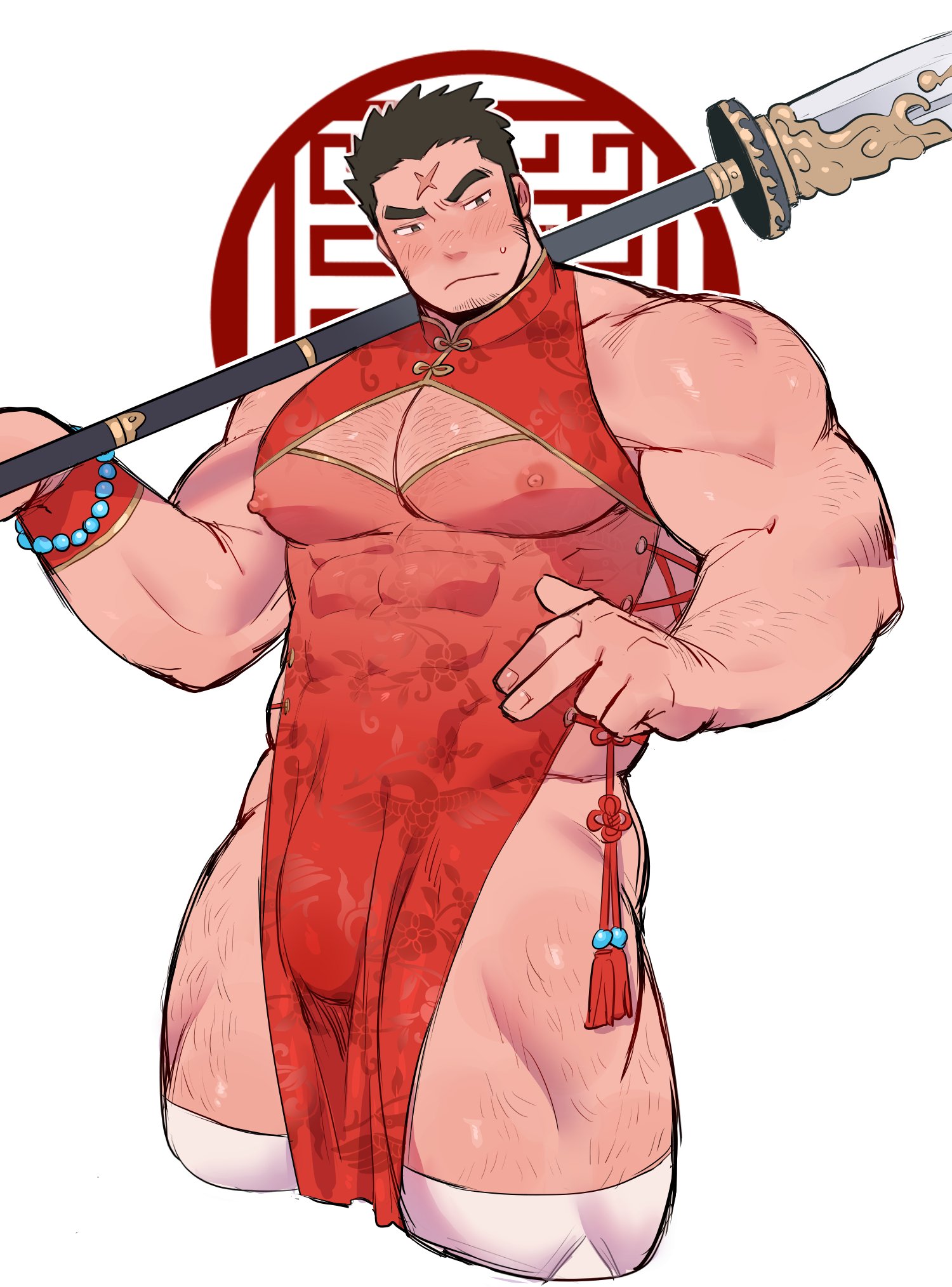 kimi6666, houzouin oniwaka, tokyo houkago summoners, highres, 1boy, arm hair, averting eyes, bara, bead bracelet, beads, black hair, blush, bracelet, bulge, chest hair, china dress, chinese clothes, cleavage cutout, closed mouth, clothing cutout, covered abs, covered erect nipples, cross scar, crossdressing, crossdressing (mtf), dress, embarrassed, facial hair, flower knot, frown, goatee stubble, guan dao, holding, holding polearm, holding weapon, jewelry, large pectorals, leg hair, long sideburns, looking at viewer, male focus, mature male, muscular, muscular male, pectoral cleavage, pectorals, polearm, red dress, scar, scar on face, scar on forehead, see-through clothes, see-through dress, short hair, side slit, sideburns, simple background, sleeveless, sleeveless dress, solo, stubble, sweatdrop, thick eyebrows, thick thighs, thighhighs, thighs, weapon, white thighhighs