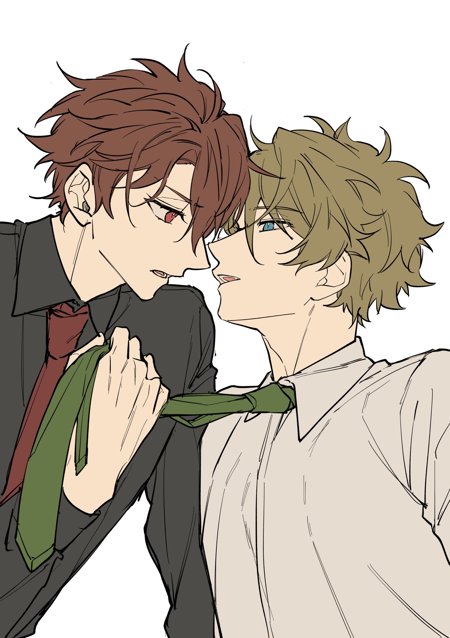 morisawa chiaki, takamine midori, ensemble stars!, commentary request, highres, 2boys, aqua eyes, black shirt, brown hair, clothes grab, collared shirt, green necktie, hand up, long sleeves, looking at another, multiple boys, necktie, necktie grab, neckwear grab, open mouth, red eyes, red necktie, seto ame, shirt, short hair, simple background, teeth, upper body, white background, white shirt, yaoi