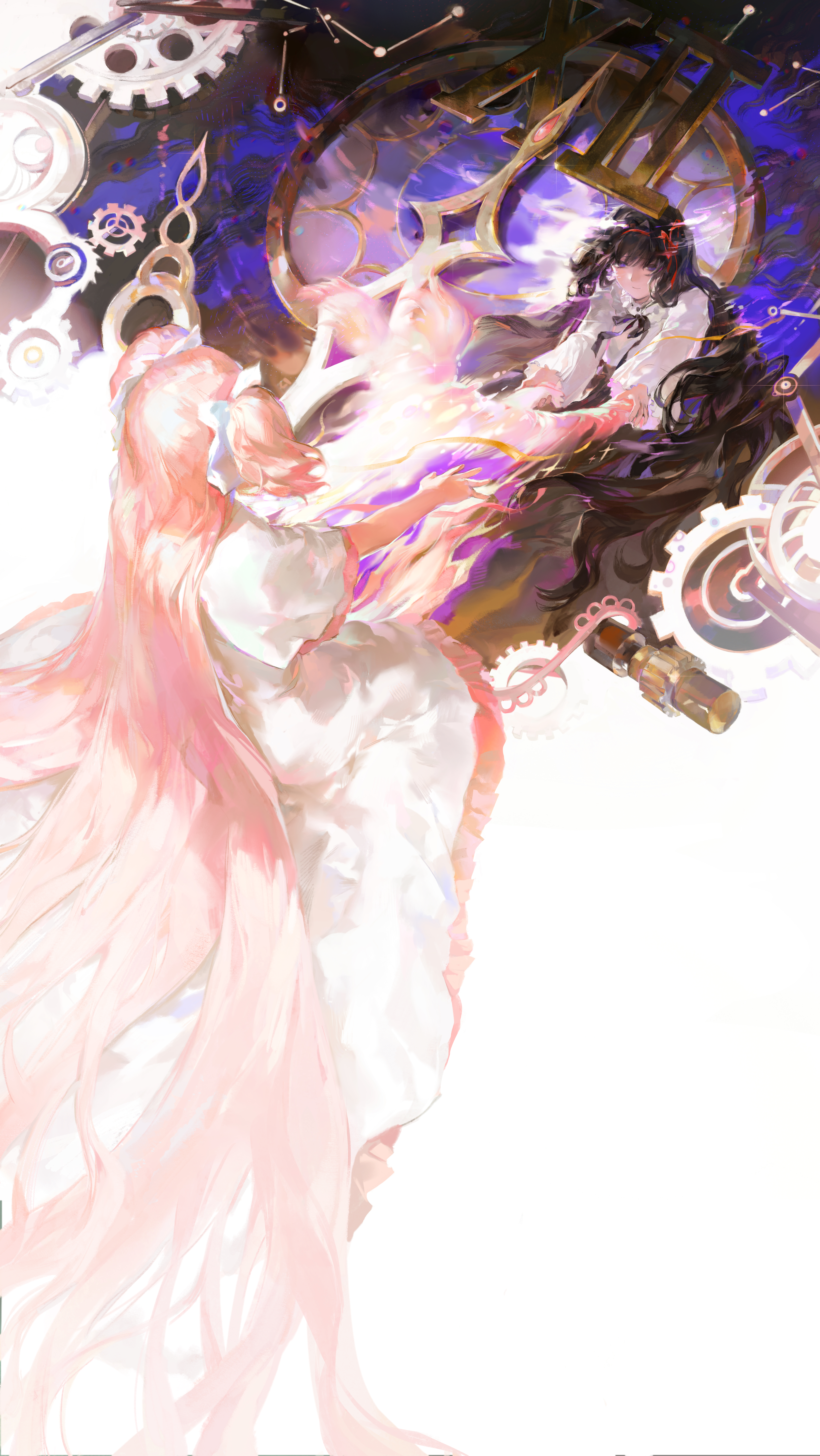 lanmi lemmy, akemi homura, kaname madoka, mahou shoujo madoka magica, mahou shoujo madoka magica (anime), absurdres, commentary request, highres, procreate (medium), 2girls, absurdly long hair, afterimage, black hair, black ribbon, dress, gears, hair ribbon, long hair, looking at another, multiple girls, neck ribbon, pink hair, purple eyes, red ribbon, ribbon, shirt, very long hair, white dress, white ribbon, white shirt