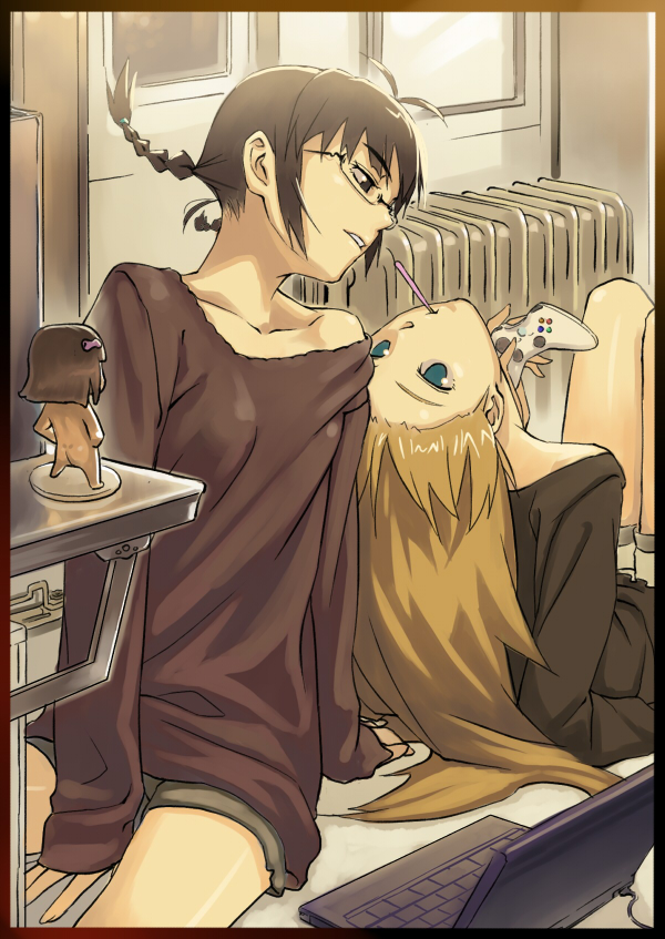 inu (aerodog), akizuki ritsuko, hoshii miki, nonowa, idolmaster, idolmaster (classic), 00s, 2girls, antenna hair, blonde hair, blue eyes, braid, breasts, brown eyes, brown hair, computer, computer keyboard, controller, food, forehead, game console, game controller, glasses, laptop, long hair, long sleeves, looking back, looking down, looking up, medium breasts, mouth hold, multiple girls, off shoulder, pocky, pocky kiss, pocky strawberry, radiator, shared food, short hair, shorts, sitting, sleeves past wrists, sweater, twin braids, twintails, xbox 360