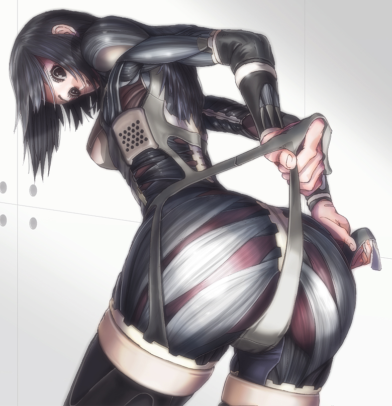sukabu, original, 1girl, android, ass, black eyes, black hair, female focus, looking back, mechabare, solo, thighhighs