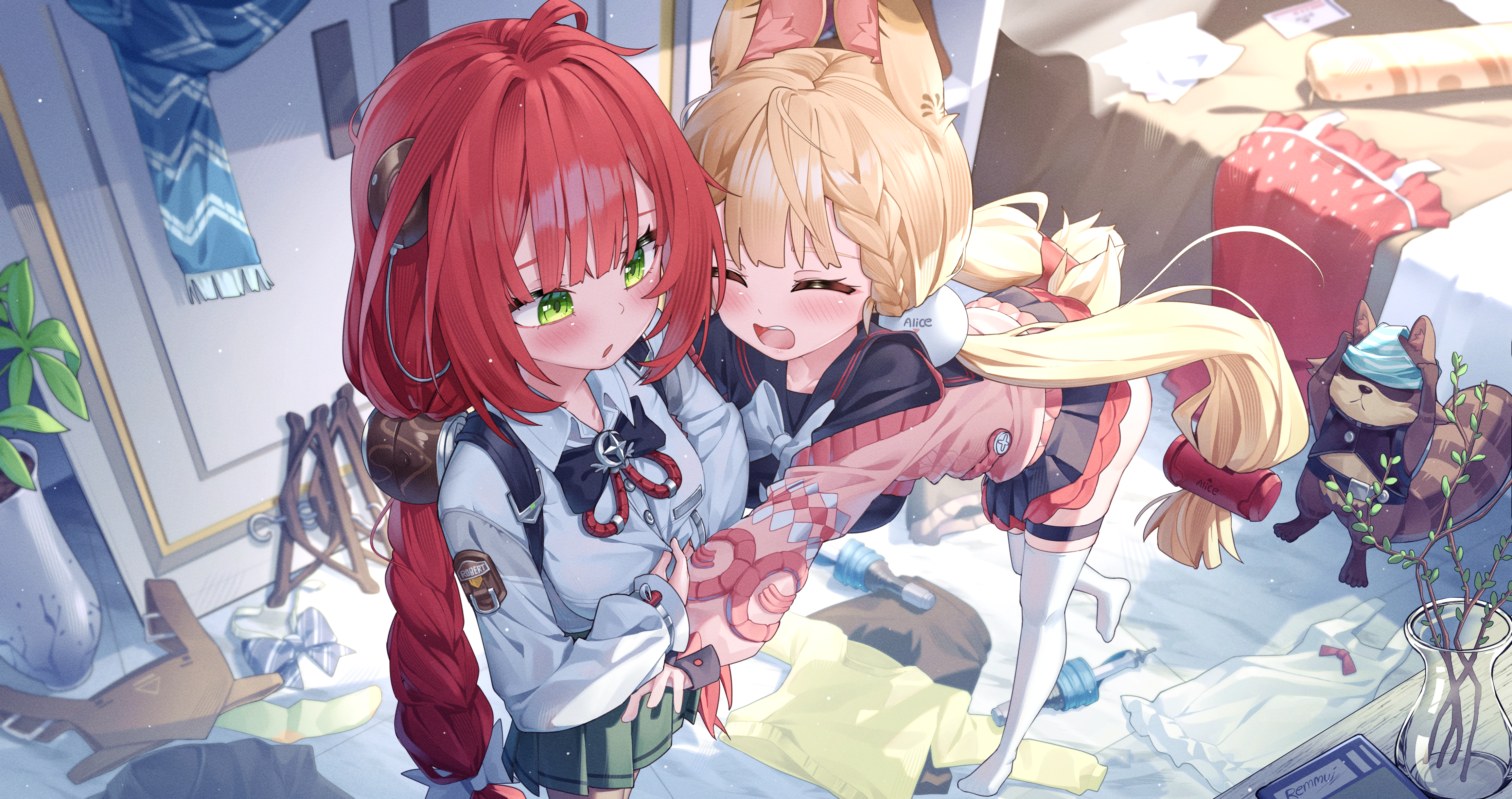 maeru, alice thymefield, kamanosuke (zenless zone zero), ukinami yuzuha, zenless zone zero, absurdres, commentary, highres, 2girls, ahoge, animal ear fluff, animal ears, bed, bent over, blonde hair, blue scarf, blush, braid, braided twintails, cardigan, chest bow, closed eyes, clothes hanger, cosplay, costume switch, dress, green eyes, green skirt, hair ornament, hearing aid, indoors, long hair, low twintails, multiple girls, no shoes, open mouth, pink cardigan, plant, rabbit ears, rabbit girl, raccoon, red hair, ribbon, scarf, shirt, skirt, sphere hair ornament, standing, standing on one leg, tanuki, thigh strap, thighhighs, twintails, unworn dress, unworn scarf, vase, weapon, white ribbon, white shirt, white thighhighs