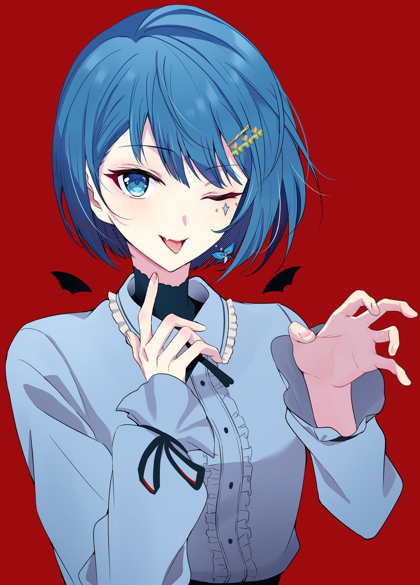 sakio1129, kiritani haruka, project sekai, vampire (vocaloid), commentary request, highres, 1girl, bat wings, black ribbon, black shirt, blue eyes, blue hair, blue shirt, breasts, buttons, center frills, clover hair ornament, collared shirt, dot nose, earrings, facial mark, fang, frilled shirt collar, frills, hair ornament, hairclip, hands up, high collar, jewelry, light blush, long sleeves, looking at viewer, mark under eye, neck ribbon, one eye closed, open mouth, red background, ribbon, shirt, short hair, sidelocks, simple background, skin fang, sleeve ribbon, small breasts, smile, solo, star (symbol), star facial mark, swept bangs, tongue, tongue out, tsurime, upper body, wings