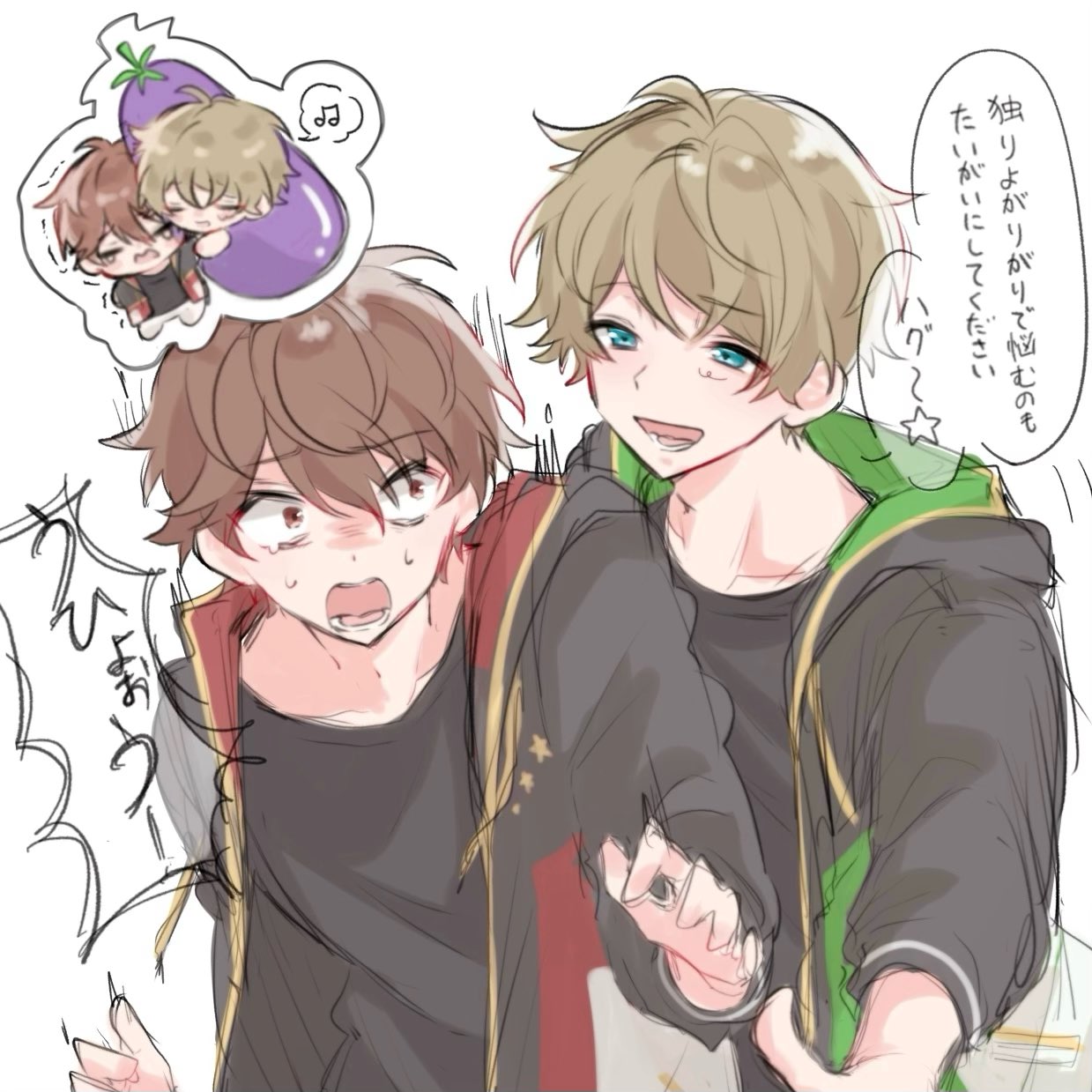 morisawa chiaki, takamine midori, ensemble stars!, commentary request, highres, translation request, 2boys, aqua eyes, black shirt, brown hair, closed eyes, crew neck, eggplant, hood, hood down, hooded jacket, hug, jacket, long sleeves, looking at another, lower teeth only, male focus, multiple boys, nervous sweating, nuo (n lllo), open clothes, open jacket, open mouth, scared, shirt, short hair, speech bubble, sweat, tears, teeth, upper body, white background