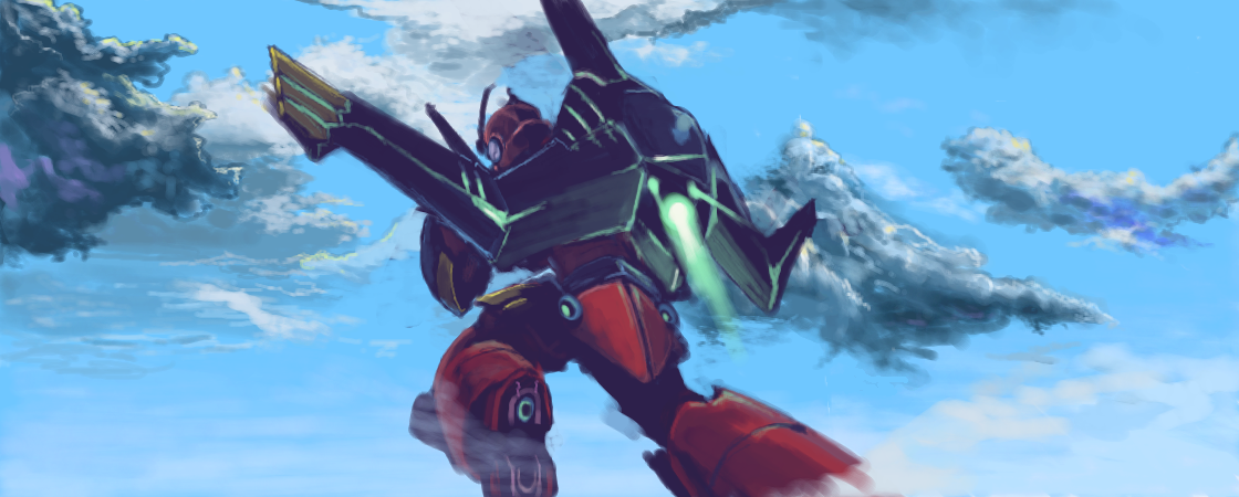 gurren-lagann, tengen toppa gurren lagann, 00s, armor, flying, helmet, machinery, mecha, no humans, robot, weapon