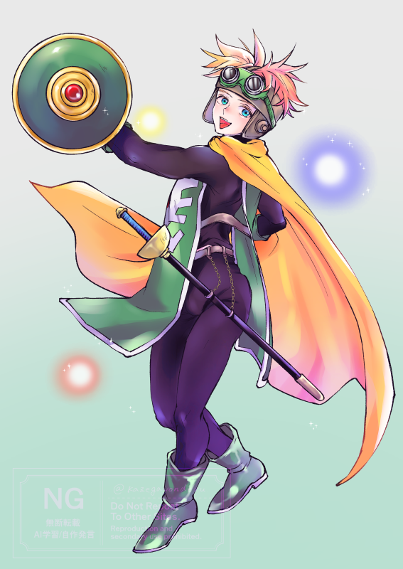 prince of samantoria, dragon quest, dragon quest ii, 1boy, aqua eyes, aviator goggles, black bodysuit, blonde hair, bodysuit, boots, cape, goggles, goggles on head, gradient background, green tabard, grey boots, holding, holding shield, kazegayonderu, looking at viewer, male focus, open mouth, shield, smile, solo, sword, tabard, twitter username, weapon, yellow cape