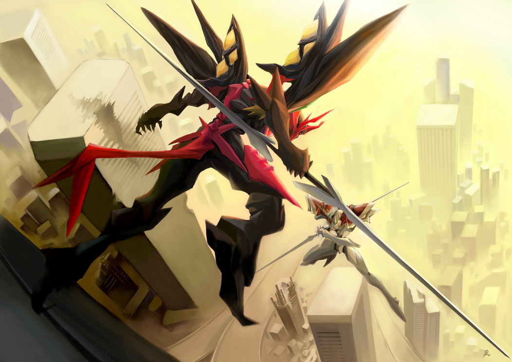 togenagi futaba, aiba takaya, tekkaman evil, tekkaman blade, 1990s (style), city, mecha, no humans, retro artstyle, robot, ruins, sword, weapon