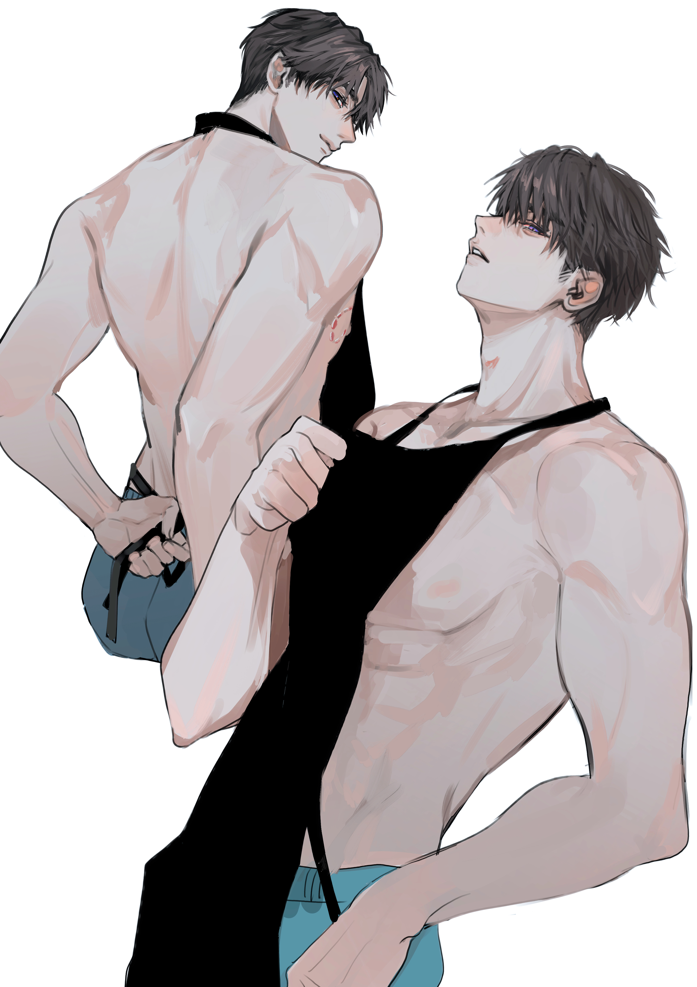 cynic0 404, caleb (love and deepspace), love and deepspace, absurdres, hashtag-only commentary, highres, 1boy, apron, bite mark, black apron, black eyes, black hair, closed mouth, hand up, looking at viewer, male focus, naked apron, parted lips, short hair, simple background, smile, white background