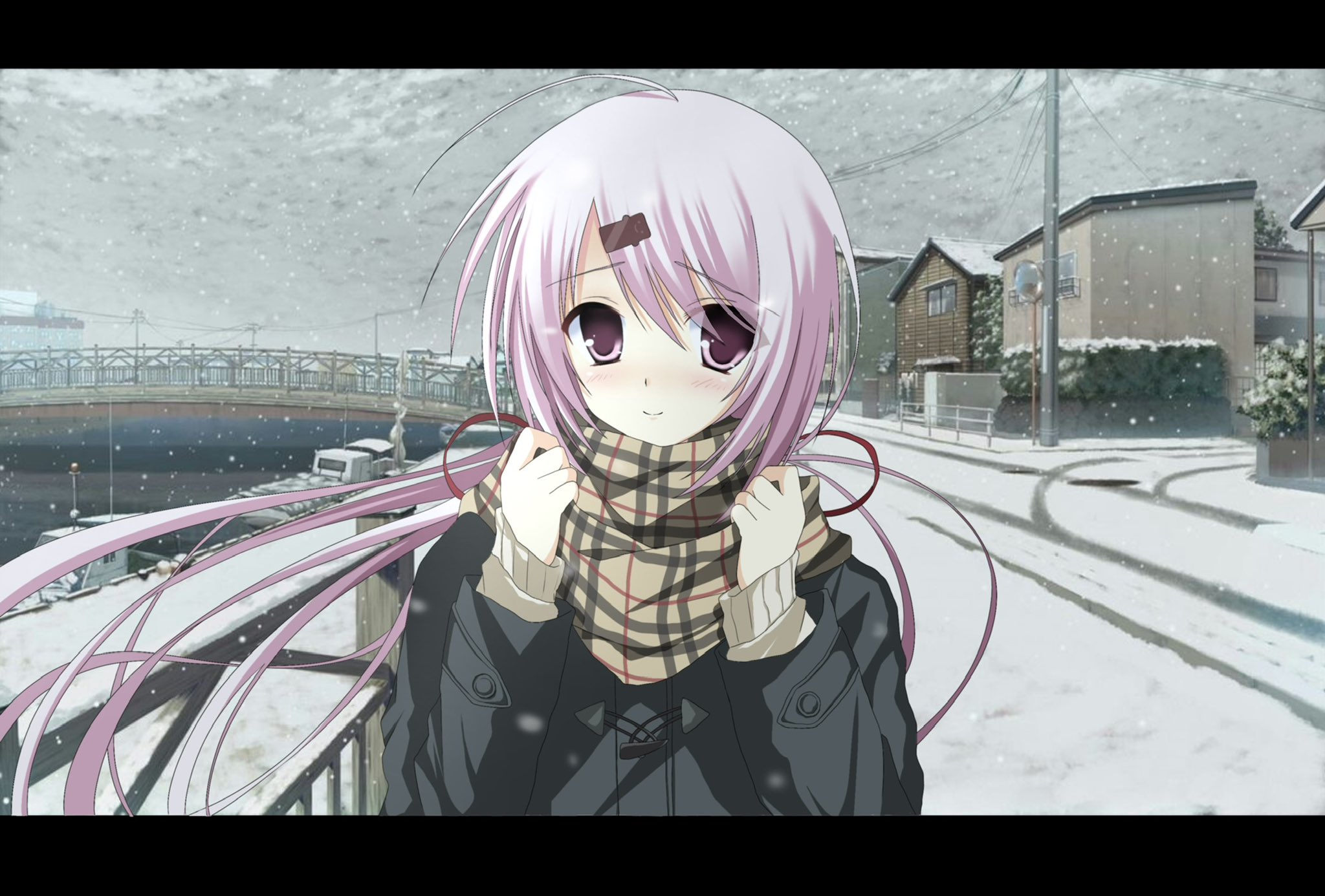 shiina yuika, nijisanji, highres, 1girl, 2000s (style), ahoge, alternate costume, black coat, blush, bridge, brown scarf, brown shirt, closed mouth, clothes grab, coat, faux retro artstyle, floating hair, ghost hair ornament, grey sky, hair between eyes, hair ornament, hair ribbon, hairclip, house, letterboxed, long sleeves, looking at viewer, low ponytail, neckwear grab, outdoors, p8vpdb, pink eyes, pink hair, plaid clothes, plaid scarf, ponytail, power lines, raised inner eyebrows, red ribbon, ribbon, river, scarf, scarf grab, shirt, sidelocks, sky, smile, snowing, solo, sweater, upper body, utility pole, virtual youtuber, winter, winter clothes, winter coat