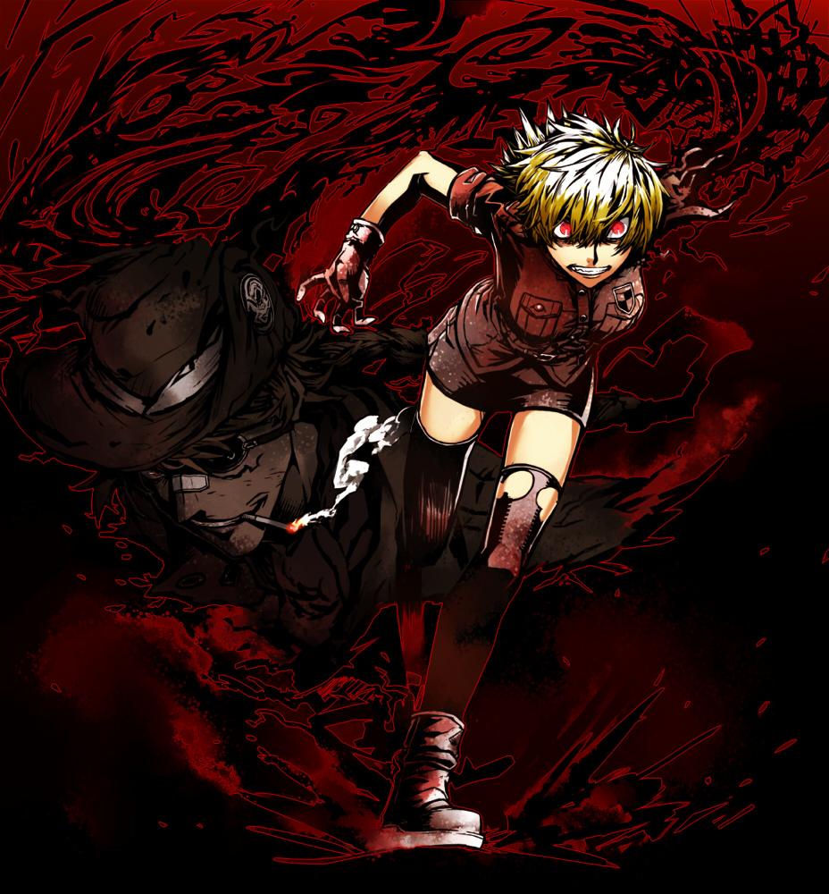 kahadu (kawazu), pip bernardotte, seras victoria, hellsing, torn legwear, 1boy, 1girl, amputee, blonde hair, cigarette, darkness, eyepatch, gloves, glowing, glowing eyes, hat, legs, miniskirt, pip bernadotte, red eyes, running, smoking, thighhighs, torn clothes