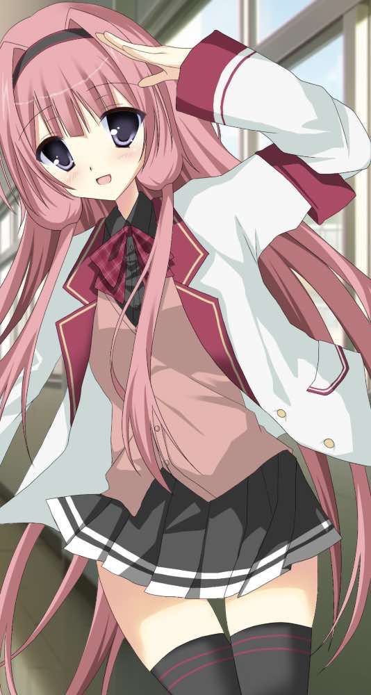 suo sango, suo sango (1st costume), nijisanji, 1girl, 2000s (style), armband, black headband, black shirt, black skirt, black thighhighs, blazer, blunt bangs, blush, bow, bowtie, brown sweater vest, collared shirt, contrast lapels, cowboy shot, faux retro artstyle, floating clothes, floating hair, hair intakes, headband, jacket, lapels, long hair, looking at viewer, miniskirt, notched lapels, open clothes, open jacket, open mouth, p8vpdb, pink armband, pink bow, pink bowtie, pink hair, plaid bow, plaid bowtie, plaid clothes, pleated skirt, purple eyes, salute, school uniform, selene girls school uniform, shirt, sidelocks, skirt, sleeves past wrists, smile, solo, sweater vest, thighhighs, very long hair, virtual youtuber, white jacket, wing collar, zettai ryouiki