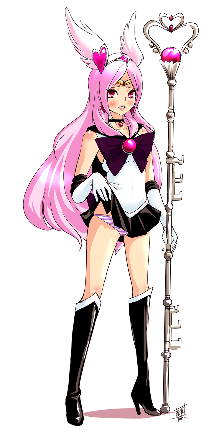 teruchan, cure passion, higashi setsuna, sailor pluto, bishoujo senshi sailor moon, fresh precure!, precure, black neckwear, highres, 1girl, blush, boots, bow, clothes lift, cosplay, elbow gloves, eyelashes, female focus, garnet rod, gloves, hair ornament, head wings, heart, heart hair ornament, high heels, knee boots, magical girl, name connection, panties, pink eyes, pink hair, polearm, purple bow, sailor pluto (cosplay), shoes, skirt, skirt lift, solo, staff, standing, striped clothes, striped panties, underwear, upskirt, weapon, white gloves, wings