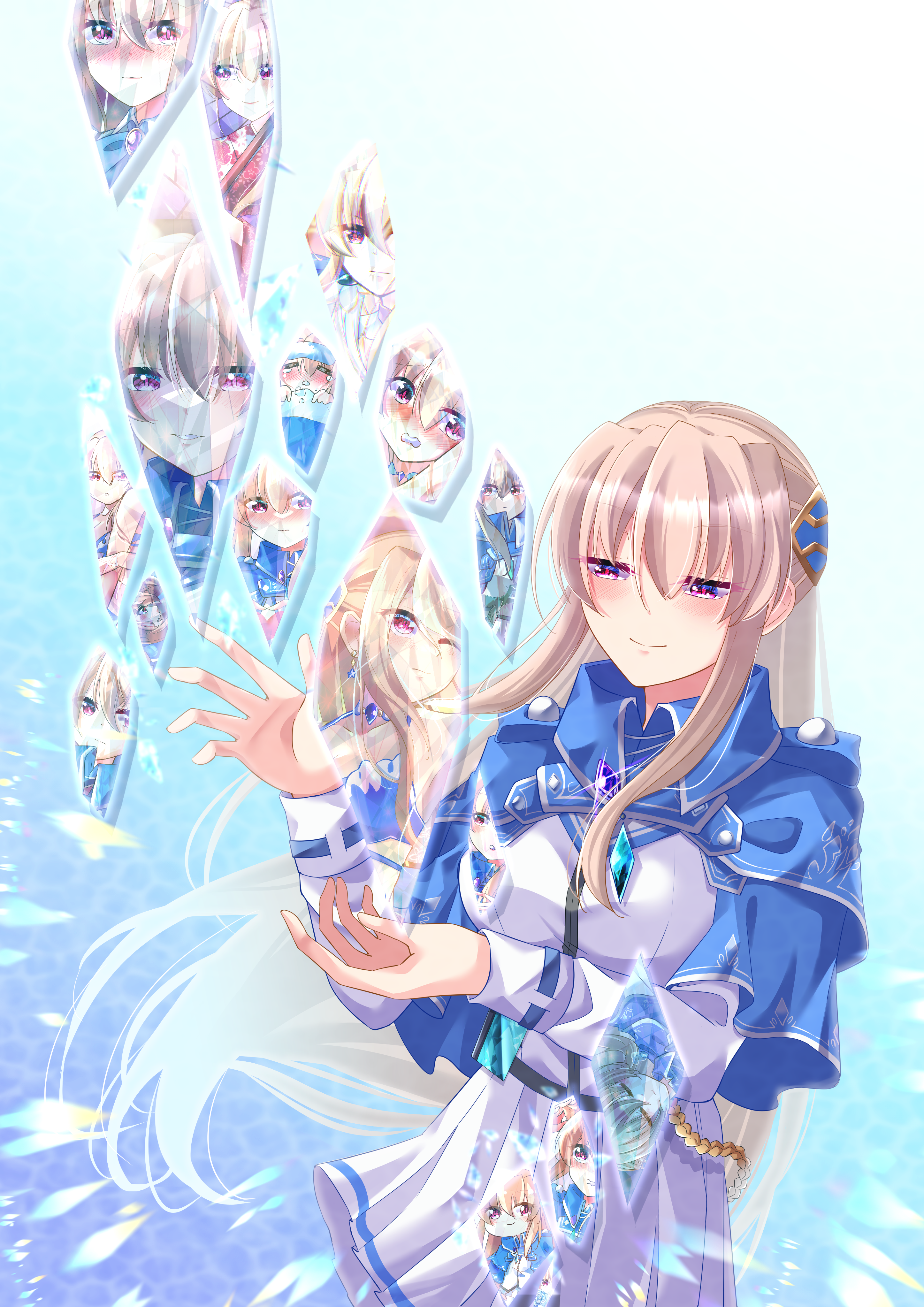 dmc tales2006, shirakawa yuina, heaven burns red, absurdres, highres, 1girl, blonde hair, blue capelet, blush, breasts, capelet, dress, gem, hair between eyes, hair ornament, jewelry, long hair, long sleeves, one eye closed, pleated skirt, purple eyes, shirt, skirt, smile, solo, white skirt