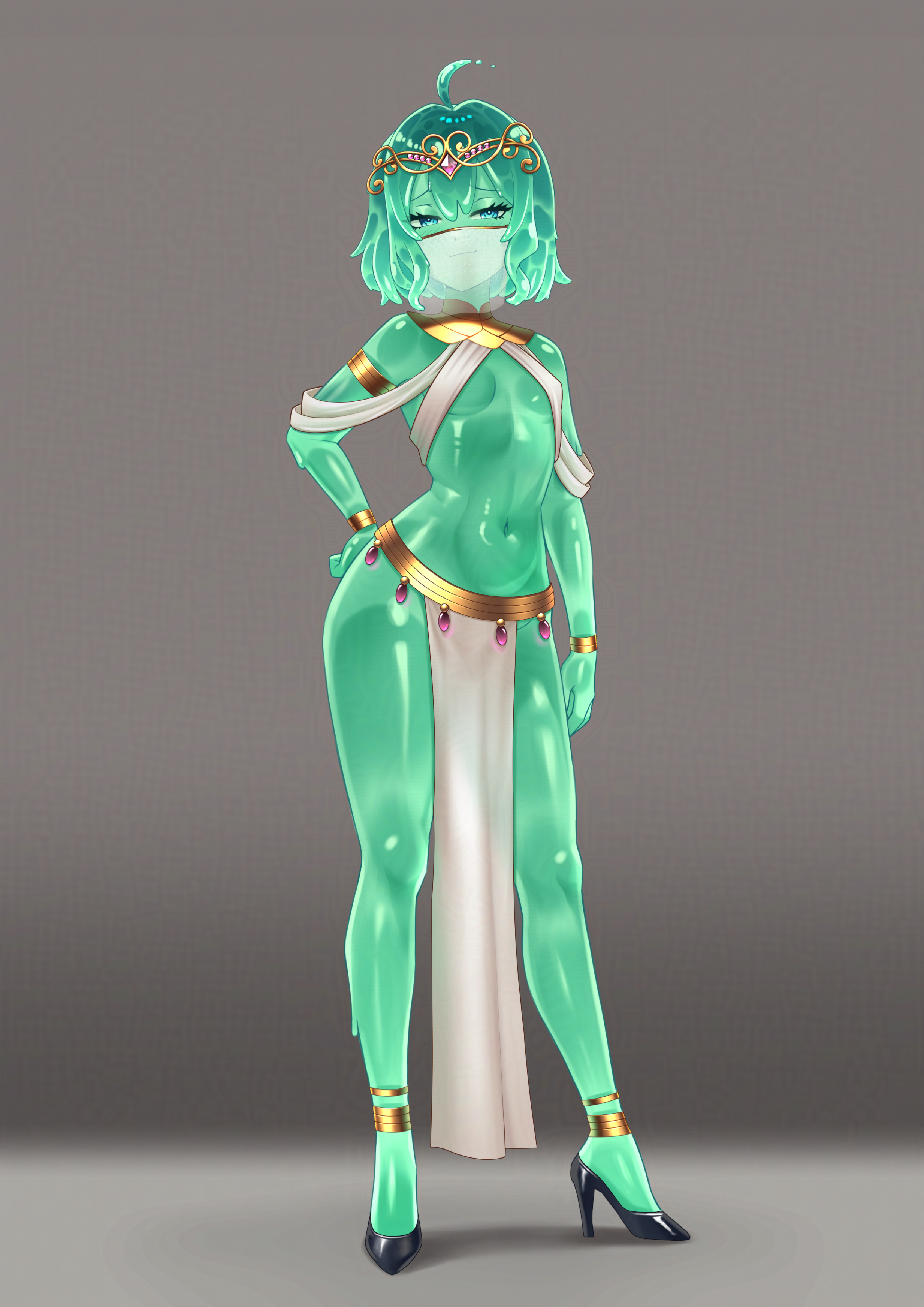 cipher4109, mint fantome, densetsu.exe, absurdres, commentary, english commentary, highres, variant set, 1girl, :d, ahoge, alternate species, ankle cuffs, bare legs, bare shoulders, black shoes, blue eyes, blush, breasts, breasts apart, colored skin, full body, gold trim, gold wrist cuffs, green hair, green skin, grey background, half-closed eyes, hand on own hip, harem outfit, high heels, looking at viewer, medium hair, monster girl, mouth veil, navel, open mouth, pelvic curtain, raised eyebrows, see-through clothes, see-through veil, shoes, side slit, single arm cuff, sleeveless, slime girl, sling bikini top, small breasts, smile, smug, solo, standing, stomach, straight-on, tiara, veil, virtual youtuber, white loincloth, white veil