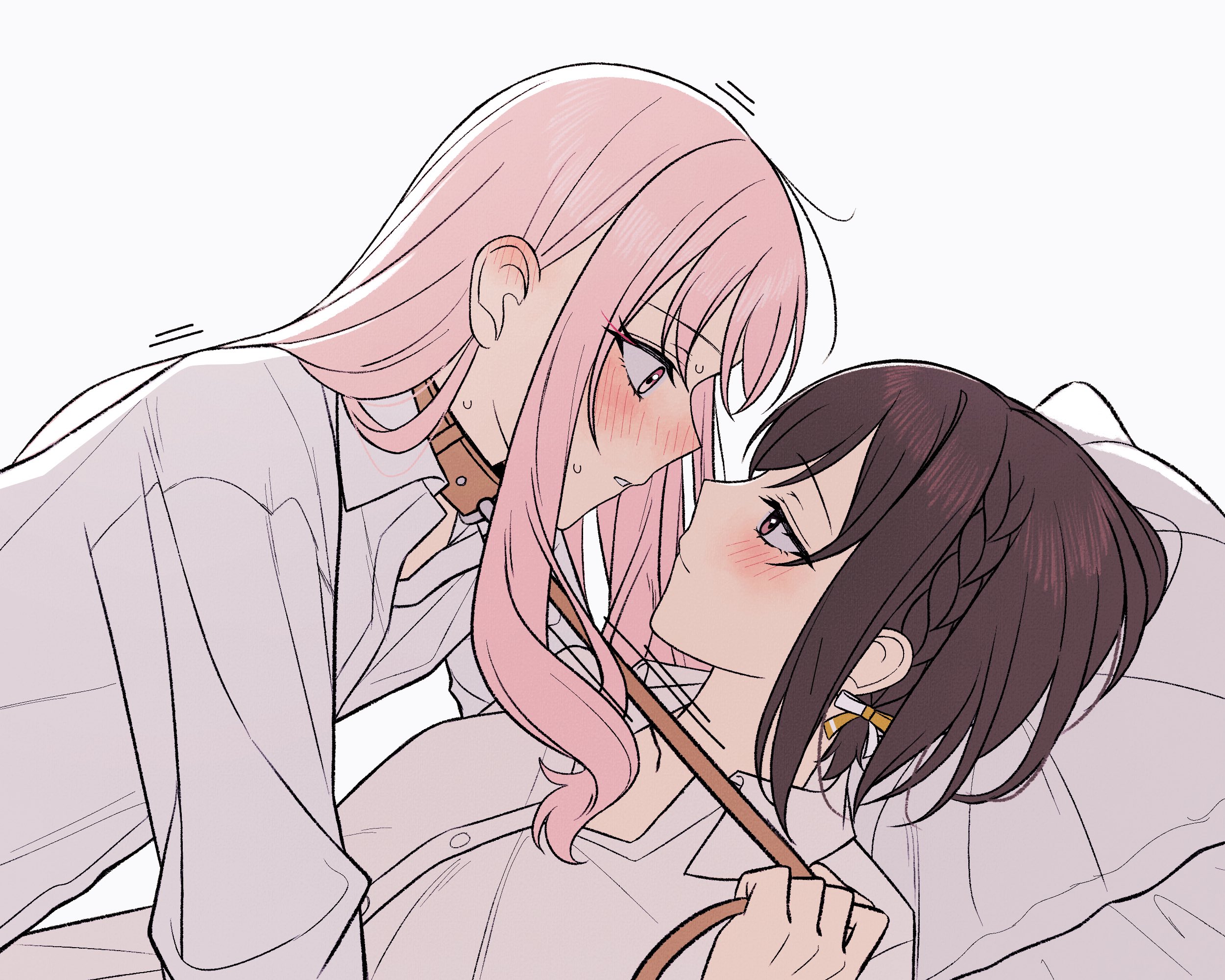 mutu (25love), akiyama mizuki, shinonome ena, project sekai, commentary, highres, 1girl, 1other, androgynous, belt collar, blush, braid, brown eyes, brown hair, buttons, closed mouth, collar, collared shirt, dress shirt, ear blush, eye contact, hair down, holding, holding leash, leash, long hair, looking at another, lying, nervous sweating, on back, parted lips, pillow, pink eyes, pink hair, shirt, short hair, simple background, single braid, sweat, white background, white shirt