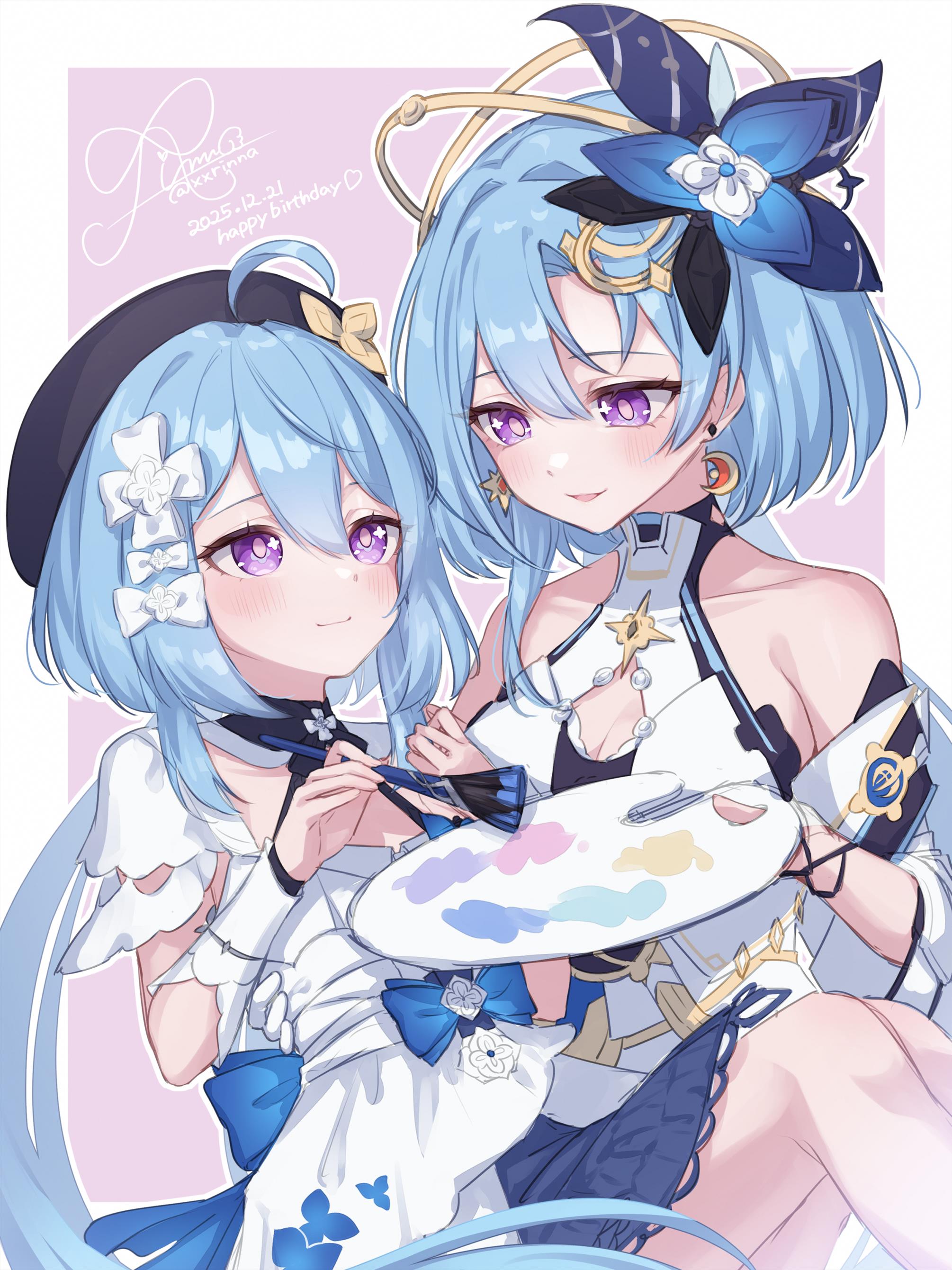 rinna (xxrinna), griseo, griseo (cosmic expression), griseo (starry impression), honkai (series), honkai impact 3rd, absurdres, commentary request, highres, 2girls, ahoge, bare shoulders, beret, blue hair, border, breasts, cleavage cutout, clothing cutout, crescent, crescent earrings, dress, dual persona, earrings, flower, hair flower, hair ornament, hat, holding, holding paint palette, holding paintbrush, jewelry, large breasts, long hair, looking at another, medium breasts, multiple girls, paint palette, paintbrush, purple background, purple eyes, smile, time paradox, very long hair, white border, white dress