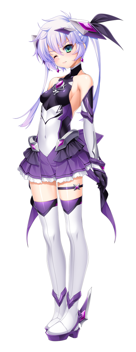 kamitsurugi ouka, exs-tia luna, sugahara touka, kouyoku senki exs-tia concert, game cg, large variant set, non-web source, official art, variant set, 1girl, aqua eyes, bare shoulders, black gloves, blush, boots, breasts, chest jewel, closed mouth, covered navel, earrings, elbow gloves, frilled skirt, frills, full body, gloves, green eyes, hair between eyes, hair ornament, headgear, jewelry, long hair, looking at viewer, magical girl, miniskirt, one eye closed, pleated skirt, purple hair, sideboob, skirt, small breasts, solo, standing, tachi-e, thigh boots, thigh strap, thighhighs, transparent background, turtleneck, twintails, white thighhighs, zettai ryouiki