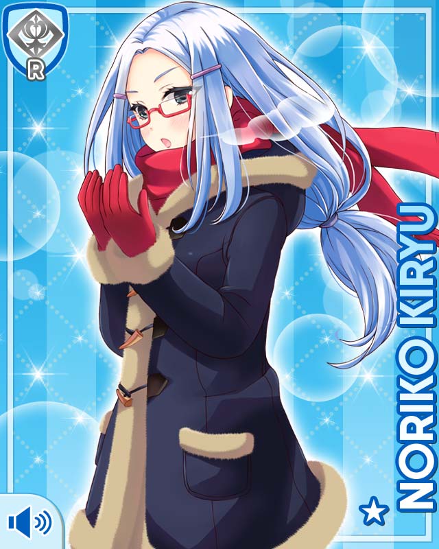 qp:flapper, girlfriend (kari), official art, 1girl, black coat, black eyes, blue background, blue hair, breath, card (medium), character name, coat, duffel coat, from side, glasses, gloves, hair ornament, hairpin, kiryu noriko, long hair, looking at viewer, red-framed eyewear, red gloves, red scarf, scarf, semi-rimless eyewear, solo, standing, under-rim eyewear
