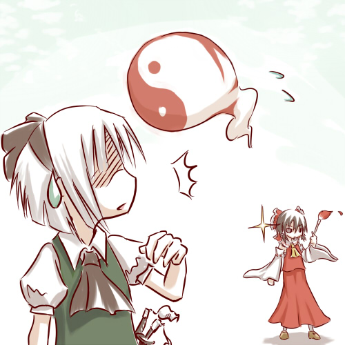 daitai, hakurei reimu, konpaku youmu, konpaku youmu (ghost), touhou, bad id, bad pixiv id, lowres, 2girls, calligraphy brush, female focus, gradient background, multiple girls, paintbrush, skirt, sweatdrop, upper body, white background