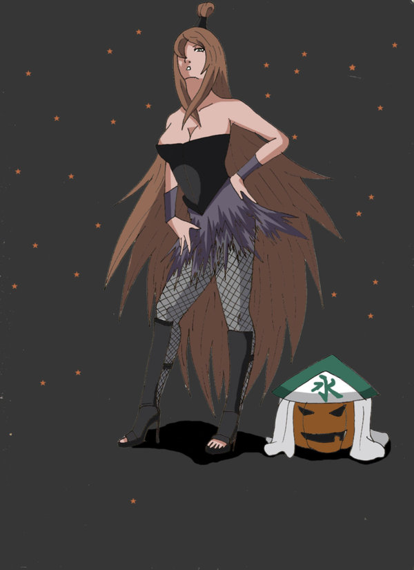 kurouku, terumi mei, naruto shippuuden, naruto, breasts, hair tie, halloween, hat, large breasts, pantyhose, pumpkin, red hair, shin guards