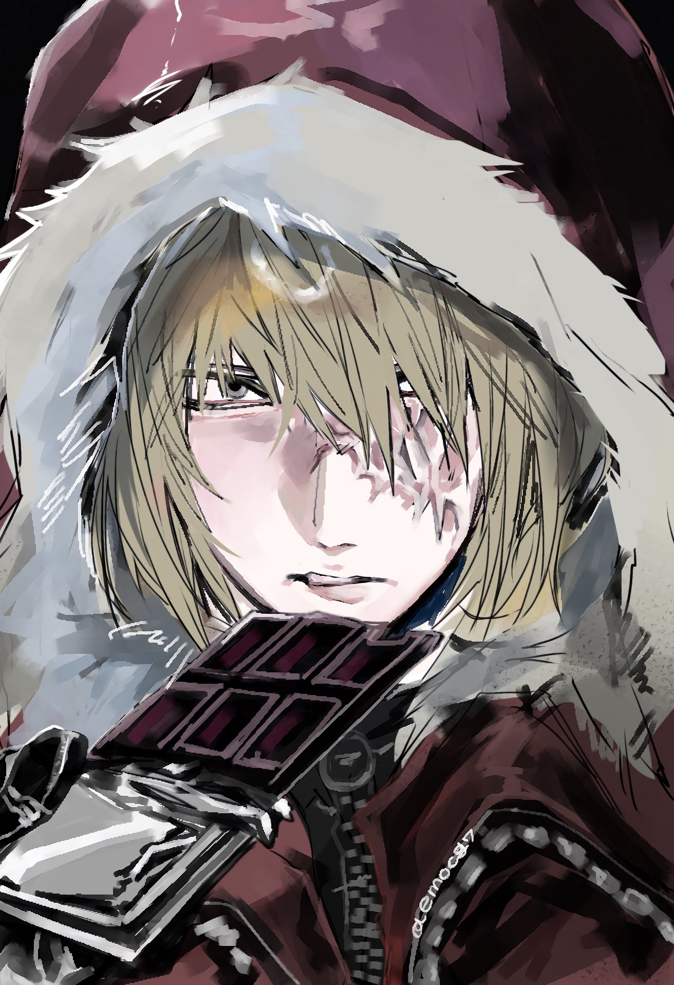 mello (death note), death note, highres, 1boy, black gloves, black vest, blonde hair, brown coat, candy, chocolate, chocolate bar, coat, emocg7, facial scar, food, fur-trimmed coat, fur trim, gloves, hair between eyes, holding, holding chocolate, holding food, hood, hood up, hooded coat, male focus, medium hair, parted lips, scar, scar on cheek, scar on face, solo, twitter username, upper body, vest, zipper pull tab