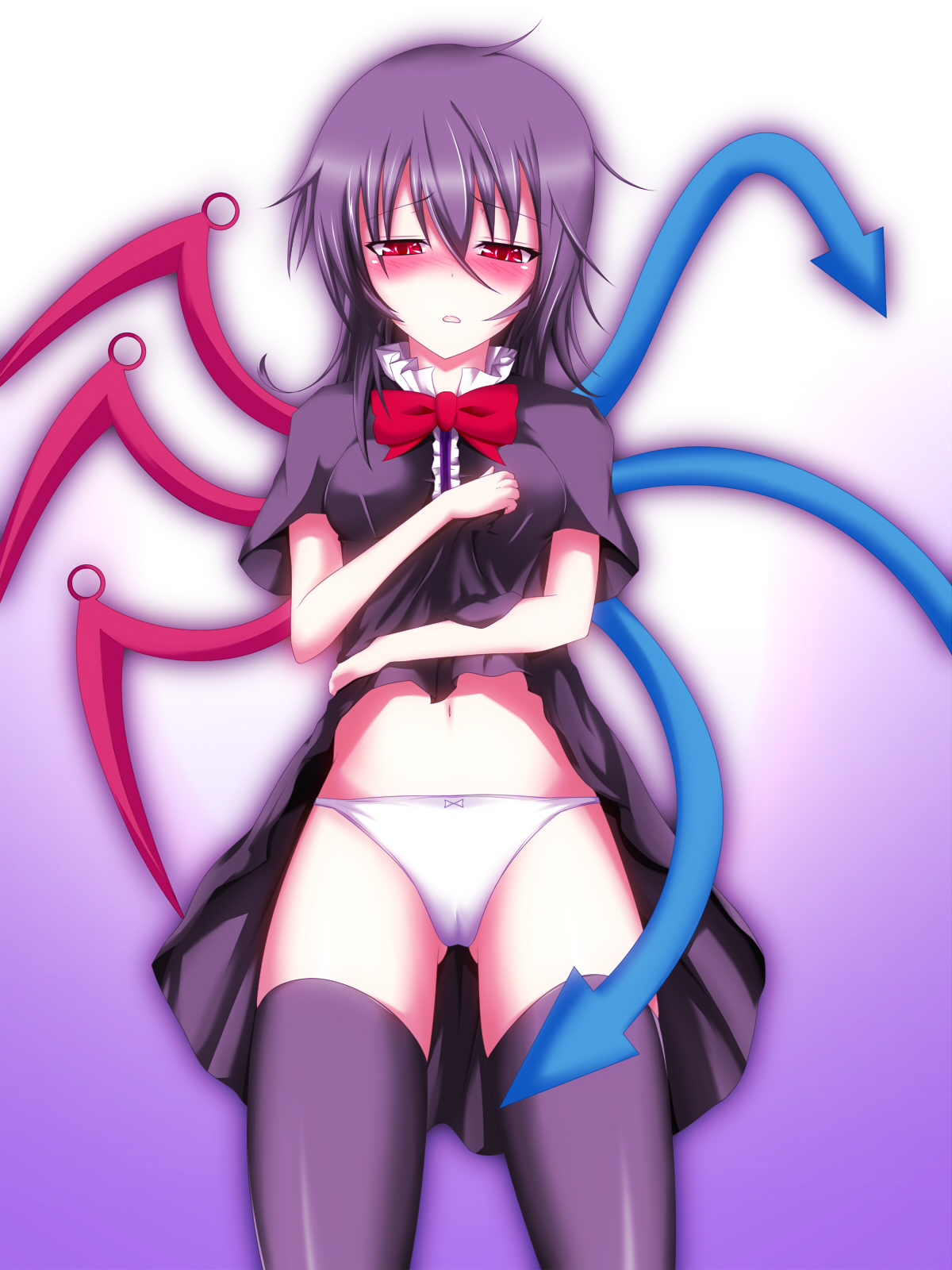 suterii, houjuu nue, touhou, bad id, bad pixiv id, highres, 1girl, black hair, black thighhighs, blush, bow, clothes lift, dress, dress lift, female focus, gradient background, navel, panties, red eyes, short hair, solo, thighhighs, underwear, white panties, wings