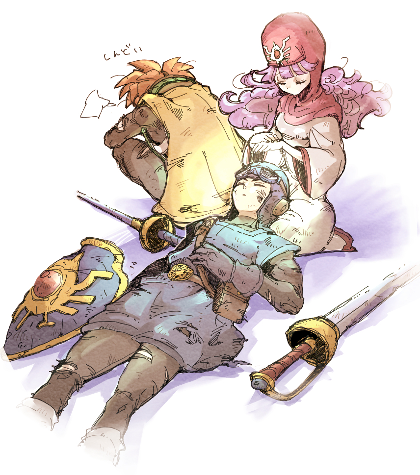 saitou piyoko, prince of lorasia, prince of samantoria, princess of moonbrook, dragon quest, dragon quest ii, 1girl, 2boys, aviator cap, aviator goggles, black bodysuit, blue tunic, bodysuit, breasts, brown hair, cape, capelet, closed eyes, dirty, dirty face, feet out of frame, gloves, goggles, goggles on head, hand on own stomach, healing, hood, hood up, hooded capelet, kneeling, lap pillow, long hair, lying, medium breasts, multiple boys, on back, pink capelet, pink hair, red trim, robe, roto's emblem, shield, short hair, squatting, sword, torn clothes, tunic, weapon, white background, white robe, yellow cape