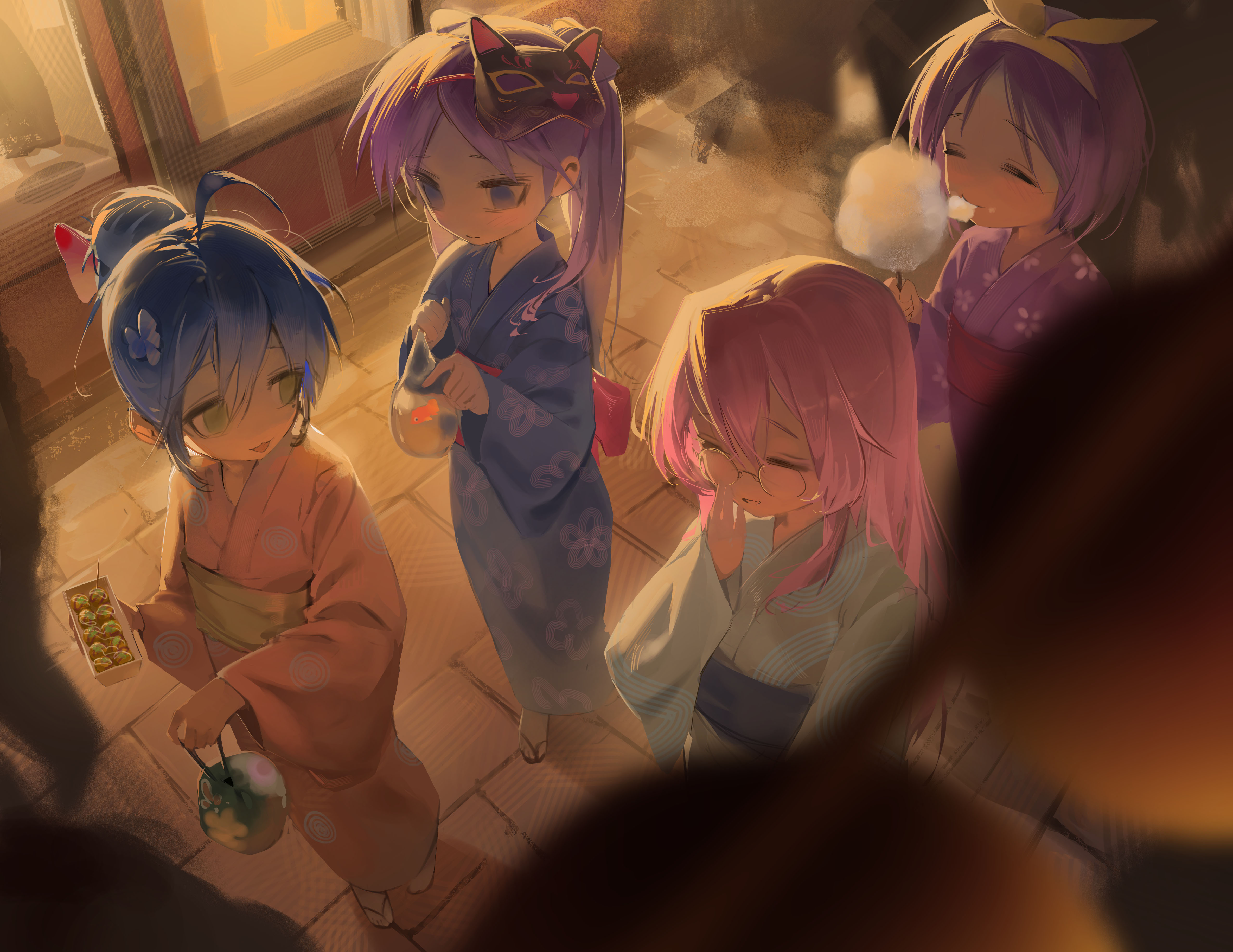 hakun (hak kun), hiiragi kagami, hiiragi tsukasa, izumi konata, takara miyuki, lucky star, absurdres, commentary, highres, symbol-only commentary, 4girls, ahoge, blue hair, blue kimono, closed eyes, cotton candy, eating, eye mask, floral print, floral print kimono, food, glasses, green eyes, hair bun, hairband, holding, holding cotton candy, holding food, japanese clothes, kimono, long hair, mask, mask on head, multiple girls, pink hair, print kimono, purple hair, purple kimono, sandals, short hair, twintails, yellow hairband, yukata