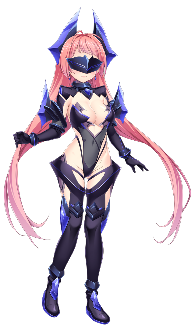 kamitsurugi ouka, kunijima chiaki, kouyoku senki exs-tia concert, game cg, large variant set, non-web source, official art, variant set, 1girl, ahoge, avalatia aqua, black gloves, black leotard, boots, breasts, chest jewel, cleavage, closed mouth, covered eyes, covered navel, earrings, elbow gloves, full body, gloves, head-mounted display, highleg, highleg leotard, horns, jewelry, large breasts, leotard, long hair, mask, pink hair, shrug (clothing), solo, standing, strapless, tachi-e, thigh boots, thighhighs, transparent background, very long hair