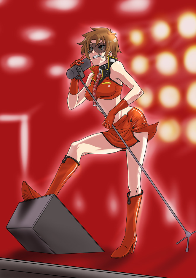 hirabaru kenji, hirahara kenji, meiko (vocaloid), vocaloid, 1girl, boots, breasts, brown eyes, brown hair, cigarette, collar, female focus, full body, gloves, goggles, microphone, microphone stand, midriff, skirt, smile, smoking, solo