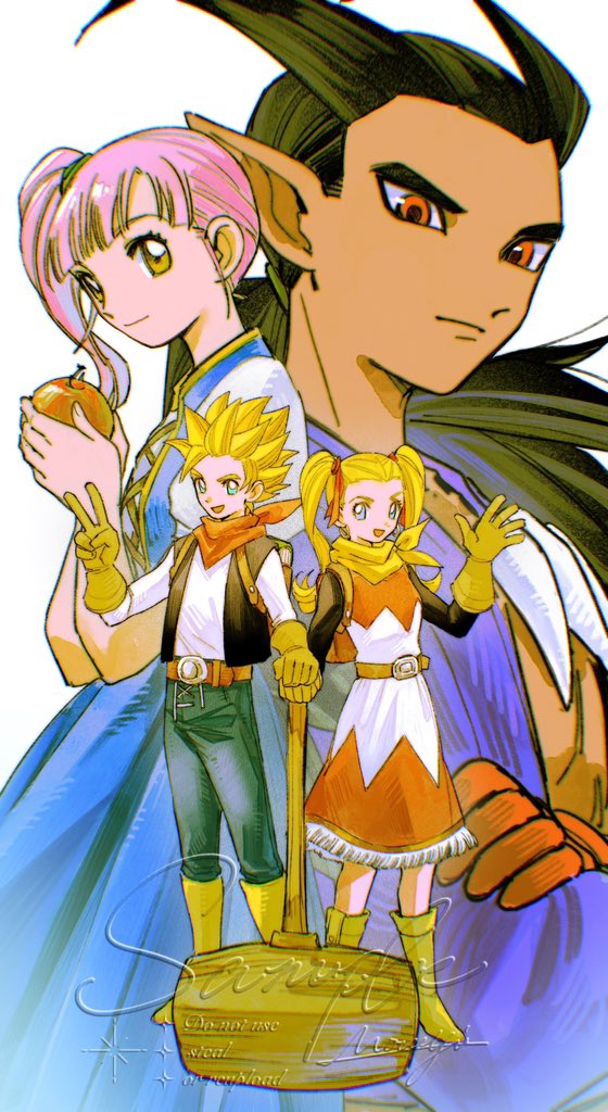 mouyi, female builder (dqb2), male builder (dqb2), ruru (dqb2), sidoh (dqb2), dragon quest, dragon quest builders 2, 2boys, 2girls, antenna hair, apple, belt, black hair, black sleeves, black vest, blonde hair, blue dress, blue eyes, blue pants, boots, brown belt, brown eyes, closed mouth, crossed arms, dark-skinned male, dark skin, dress, food, fruit, full body, gloves, hair ribbon, holding, holding food, holding fruit, holding mallet, jewelry, long hair, low ponytail, mallet, multiple boys, multiple girls, neckerchief, necklace, orange neckerchief, pants, pink hair, pointy ears, ponytail, red eyes, red gloves, ribbon, sample watermark, shirt, side ponytail, spiked hair, tan, tooth necklace, twintails, vest, watermark, white shirt, yellow boots, yellow gloves, yellow neckerchief