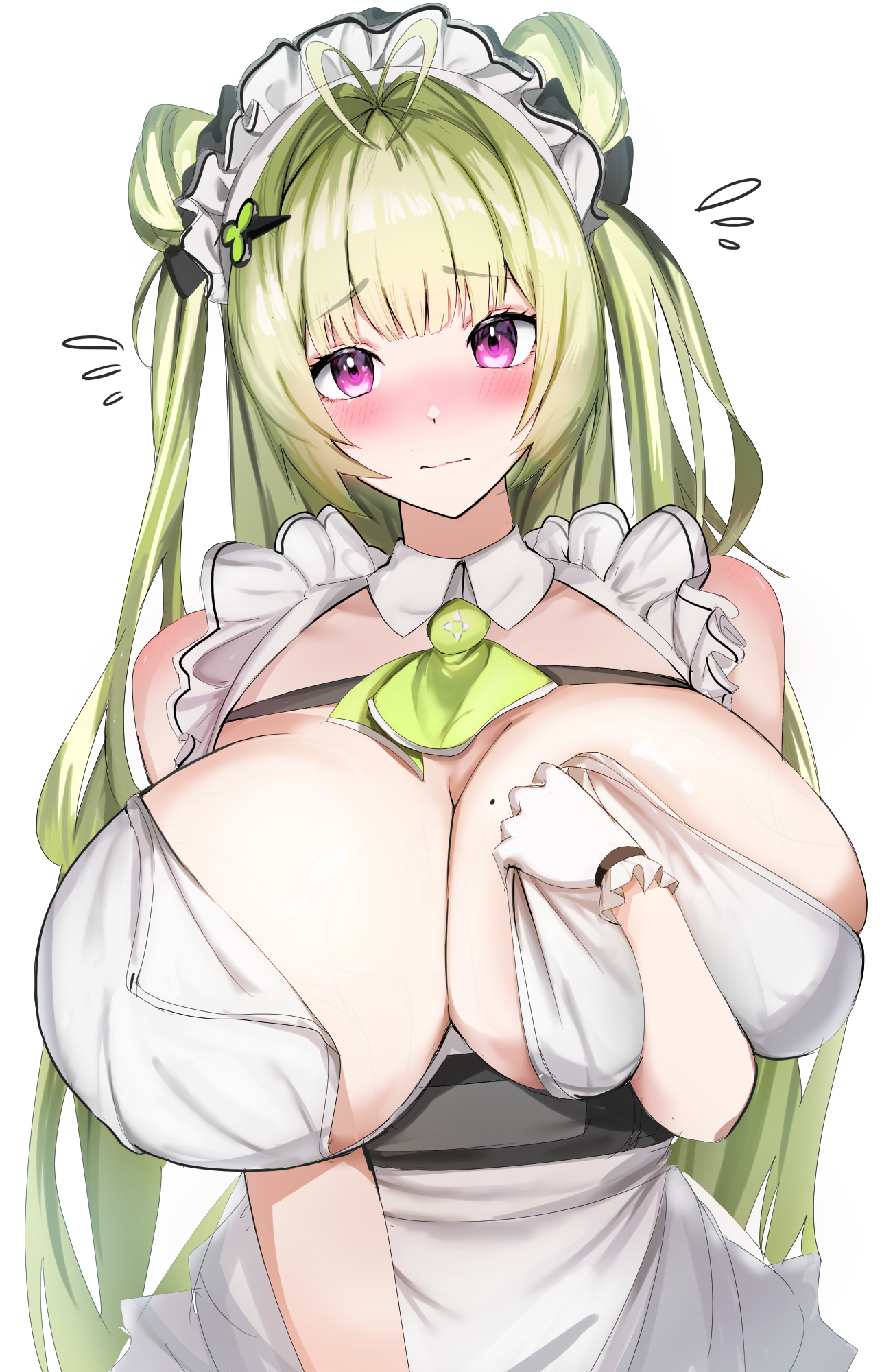 kopepan (kopepann11), soda (nikke), goddess of victory: nikke, highres, 1girl, blush, breasts, dress, gloves, green hair, huge breasts, long hair, looking at viewer, maid headdress, mole, mole on breast, pink eyes, simple background, solo, upper body, white background, white gloves