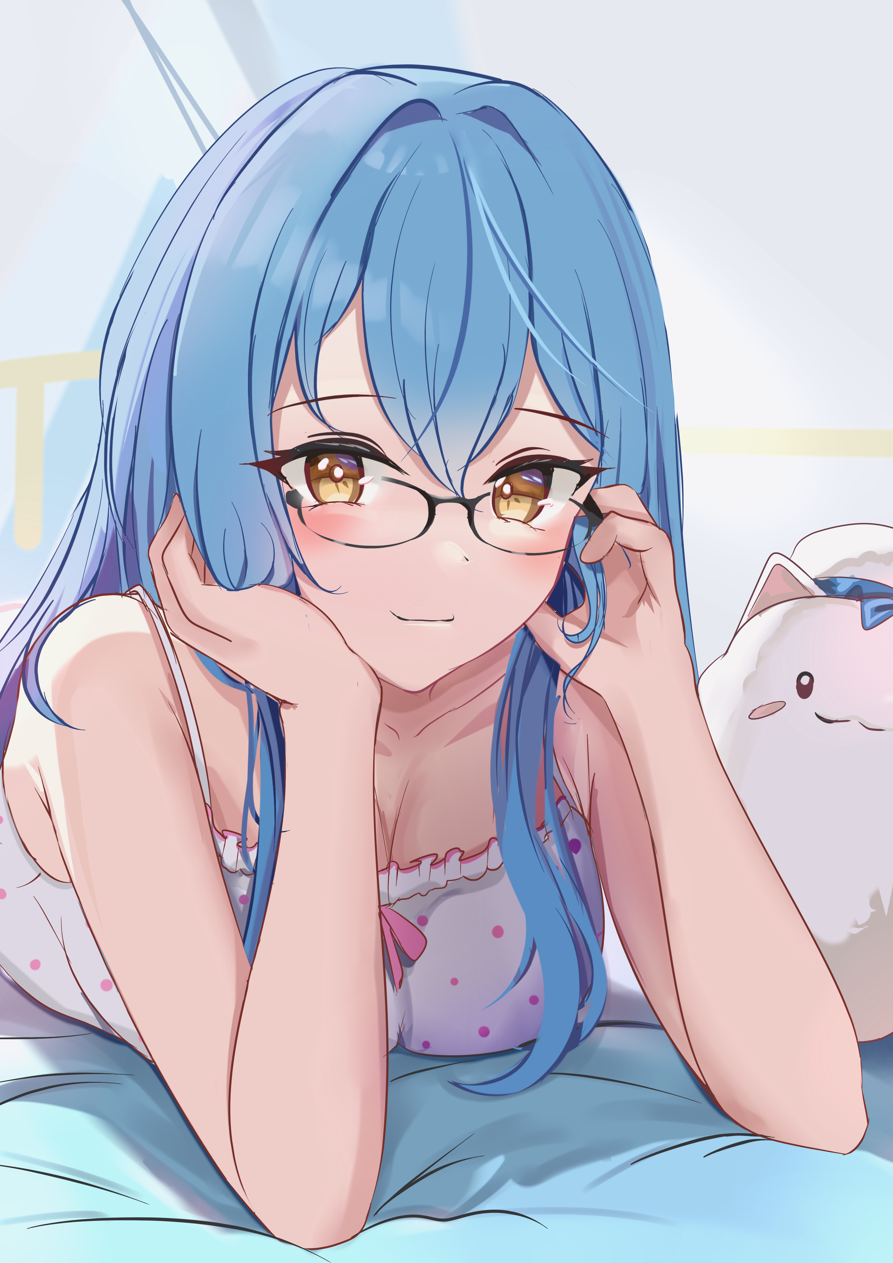 karu (karusenpai), yukihana lamy, yukihana lamy (roomwear), yukimin (yukihana lamy), hololive, absurdres, commentary request, highres, 1girl, bare shoulders, bespectacled, black-framed eyewear, blue hair, blush, breasts, camisole, cleavage, closed mouth, collarbone, colored tips, glasses, hair between eyes, hair ornament, large breasts, long hair, looking at viewer, lying, multicolored hair, official alternate costume, official alternate hairstyle, on stomach, smile, solo, streaked hair, virtual youtuber, white camisole, yellow eyes