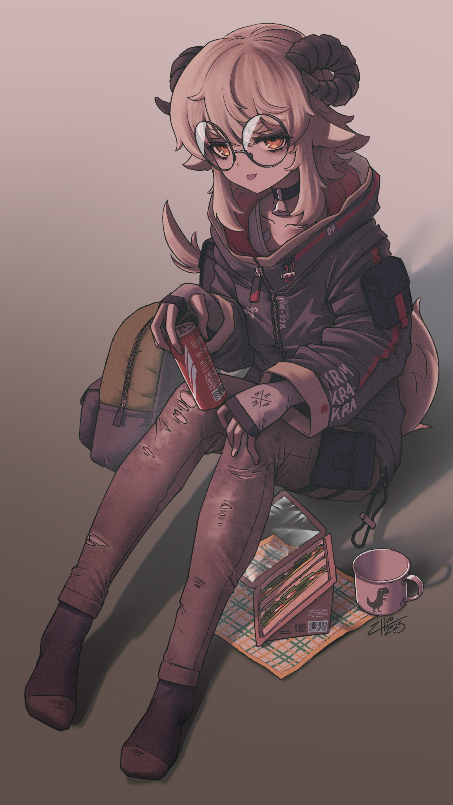 zhvo, krampus, original, absurdres, commentary, commission, english commentary, highres, 1boy, :p, animal ears, arm warmers, backpack, bag, bags under eyes, bandages, bell, black arm warmers, can, choker, cup, curled horns, drink, food, food focus, food packaging, glasses, goat boy, goat ears, goat horns, goat tail, handkerchief, holding, holding can, horns, jacket, long sleeves, looking at viewer, male focus, mug, multicolored arm warmers, neck bell, orange eyes, pants, sandwich, shirt, short hair, simple background, solo, tail, tongue, tongue out, torn clothes, torn pants, trap, white arm warmers, white hair