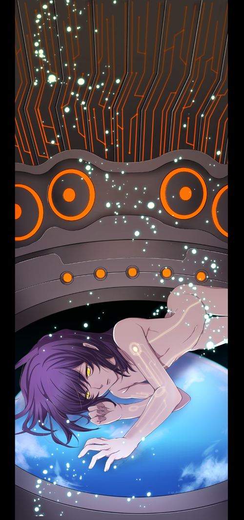 hirose azumi, tieria erde, gundam, gundam 00, bad id, bad pixiv id, 00s, 1boy, androgynous, male focus, nude, purple hair, solo, yellow eyes