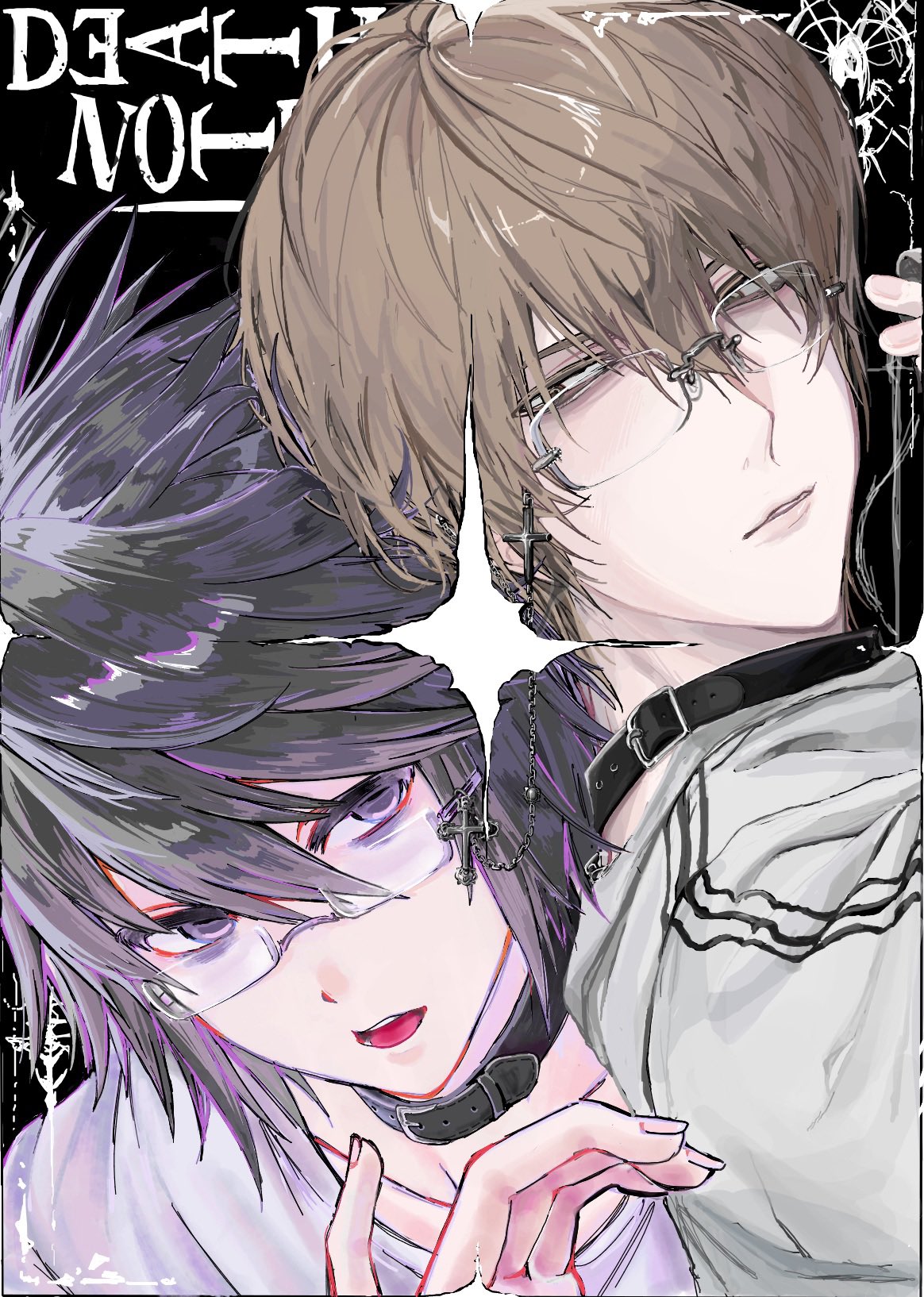 l (death note), yagami light, death note, highres, 2boys, animal collar, bags under eyes, black bow, black hair, bow, brown hair, collar, copyright name, emocg7, glasses, grey shirt, hair between eyes, looking at another, male focus, multiple boys, no eyebrows, parted lips, shirt, short hair, upper body, white shirt