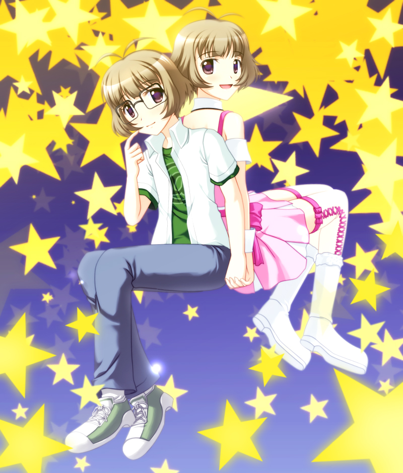 totokichi, akizuki ryo, idolmaster, idolmaster dearly stars, bad id, bad pixiv id, 00s, 1boy, antenna hair, bare shoulders, blush, boots, brown eyes, brown hair, crossdressing, crossdressing (mtf), cute & girly (idolmaster), dual persona, glasses, holding hands, looking back, open mouth, short hair, smile, star (symbol), thighhighs, trap