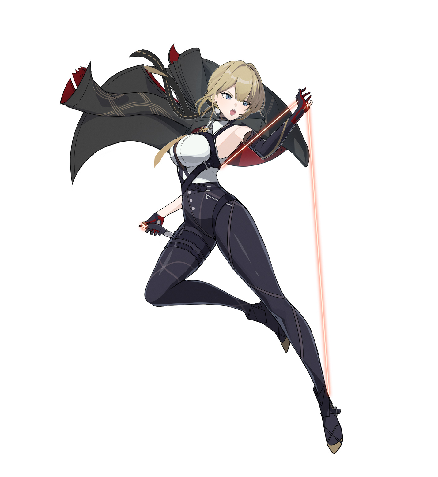 kinokare, evelyn chevalier, zenless zone zero, commentary request, highres, 1girl, arm strap, arm up, black coat, black gloves, black pants, blonde hair, blue eyes, breasts, chest harness, coat, coat on shoulders, earrings, elbow gloves, full body, gloves, half gloves, harness, high-waist pants, holding, holding knife, jewelry, knife, large breasts, latex pants, leg up, long ribbon, looking to the side, mole, mole under eye, necktie, open mouth, pants, shirt, simple background, single elbow glove, single half glove, sleeveless, sleeveless shirt, solo, string, tight clothes, tight pants, white background, white shirt, yellow necktie