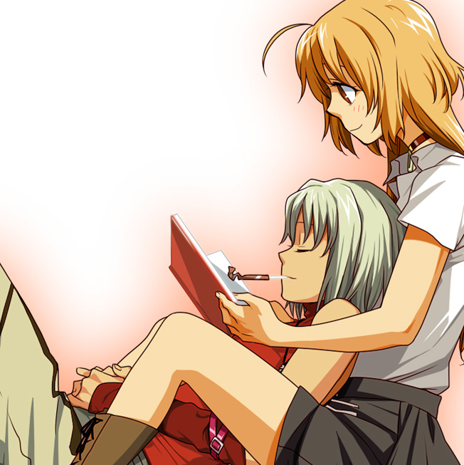 mori (unknown.), canaan (character), oosawa maria, 428, 428: fuusa sareta shibuya de, canaan (series), chunsoft, 2girls, ahoge, androgynous, between legs, blonde hair, choker, closed eyes, mouth hold, multiple girls, own hands clasped, own hands together, reading, reclining, short hair, sitting, sleeveless, sleeveless turtleneck, smile, tomboy, turtleneck, white hair, yuri