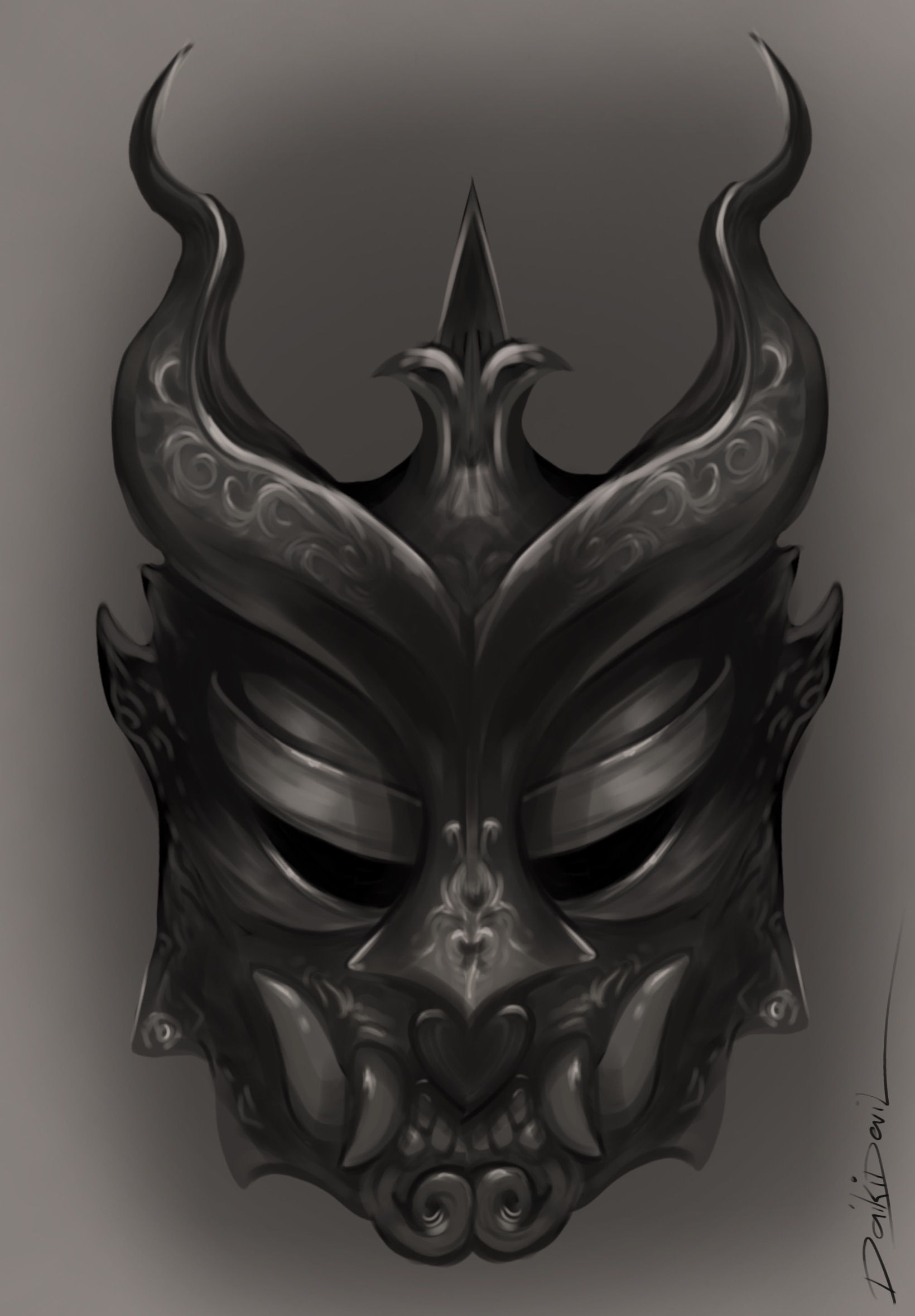 shadow slave, highres, daikidevil, empty eyes, fangs, greyscale, horns, mask, monochrome, no humans, object focus, sharp teeth, still life, teeth