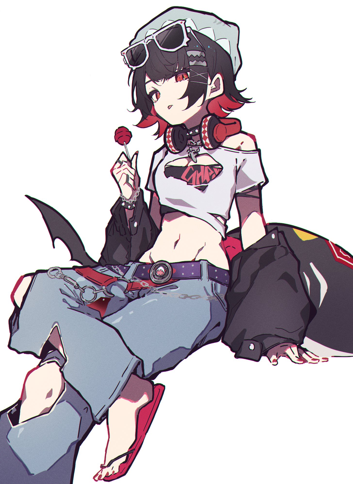 aitekku, ellen joe, zenless zone zero, commentary request, highres, 1girl, beanie, black hair, black jacket, blue hat, blue pants, breast cutout, breasts, candy, chain, chain bracelet, cleavage cutout, clothing cutout, collar, colored inner hair, crop top, eyewear on head, feet, figure four sitting, fingernails, fins, fish tail, food, hat, headphones, headphones around neck, holding, holding candy, holding food, holding lollipop, invisible chair, jacket, jacket partially removed, jewelry, lollipop, looking at viewer, medium breasts, midriff, mole, mole under eye, multicolored hair, multiple rings, nail polish, navel, official alternate costume, pants, razor blade hair ornament, red eyes, red nails, ring, scar, scar on tail, shark girl, shark tail, shirt, short hair, simple background, single bare shoulder, sitting, solo, spiked collar, spikes, sunglasses, tail, toenail polish, toenails, torn clothes, torn pants, white-framed eyewear, white background, white shirt