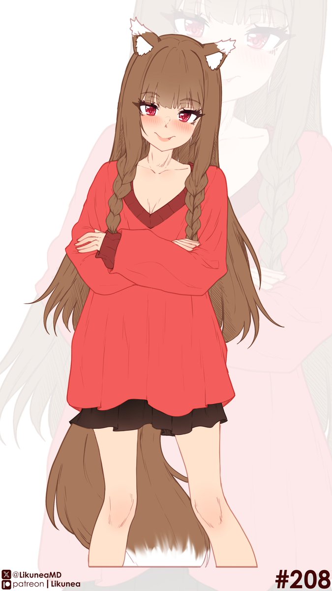 likunea, holo, spice and wolf, commentary, english commentary, highres, 1girl, alternate costume, alternate hairstyle, animal ears, black skirt, blush, braid, braided sidelocks, breasts, brown hair, cleavage, closed mouth, collarbone, crossed arms, dress, fang, long hair, looking at viewer, medium breasts, patreon logo, patreon username, red dress, red eyes, red shirt, shirt, sidelocks, simple background, skirt, smile, solo, standing, tail, twin braids, twitter username, twitter x logo, wolf ears, wolf girl, wolf tail, zoom layer