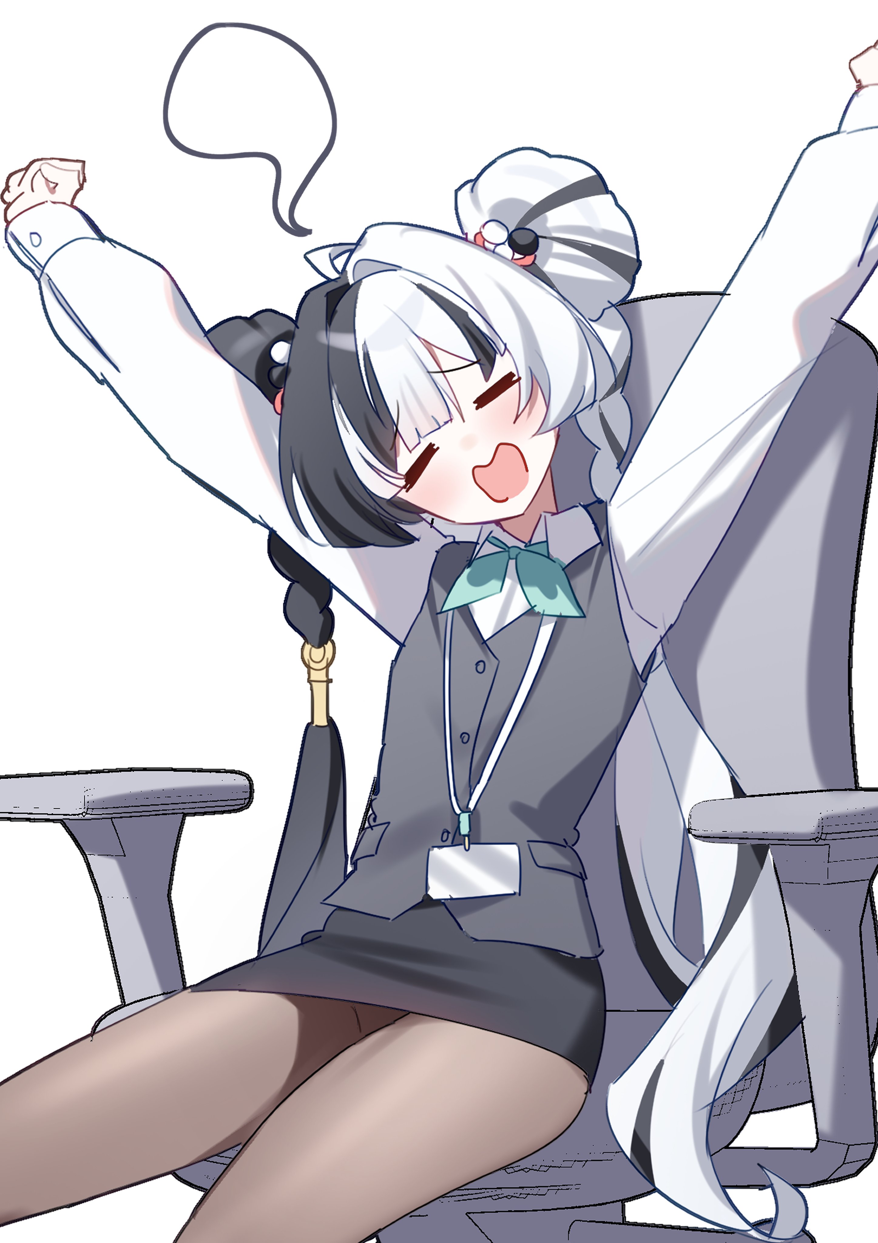 taiyaki12, dialyn (zenless zone zero), zenless zone zero, absurdres, commentary, highres, 1girl, ahoge, alternate costume, arms up, black hair, black skirt, braid, braided twintails, brown pantyhose, chair, closed eyes, cowboy shot, green neckerchief, grey jacket, hair extensions, hair intakes, head tilt, id card, jacket, long hair, multicolored hair, neckerchief, office chair, open mouth, pantyhose, pencil skirt, ring hair extensions, shirt, simple background, sitting, skirt, sleeveless, sleeveless jacket, solo, split-color hair, stretching, swivel chair, white background, white hair, white shirt