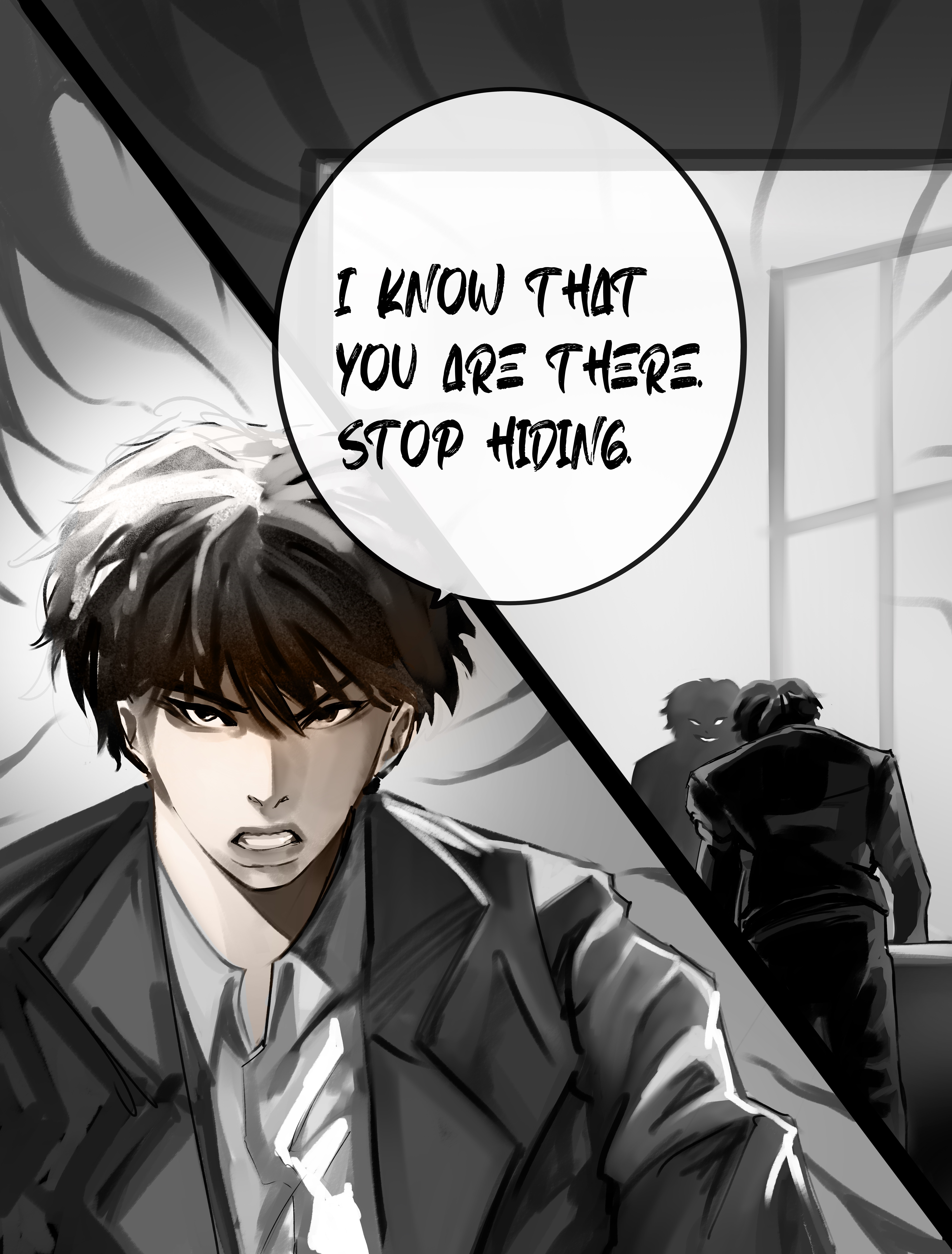 mordret (shadow slave), sunny (shadow slave), shadow slave, absurdres, highres, 1boy, black coat, black hair, clenched teeth, coat, collared shirt, different reflection, english text, leaning forward, mirror, multiple views, reflection, shirt, short hair, speech bubble, t0ruuu, teeth, upper body, white shirt